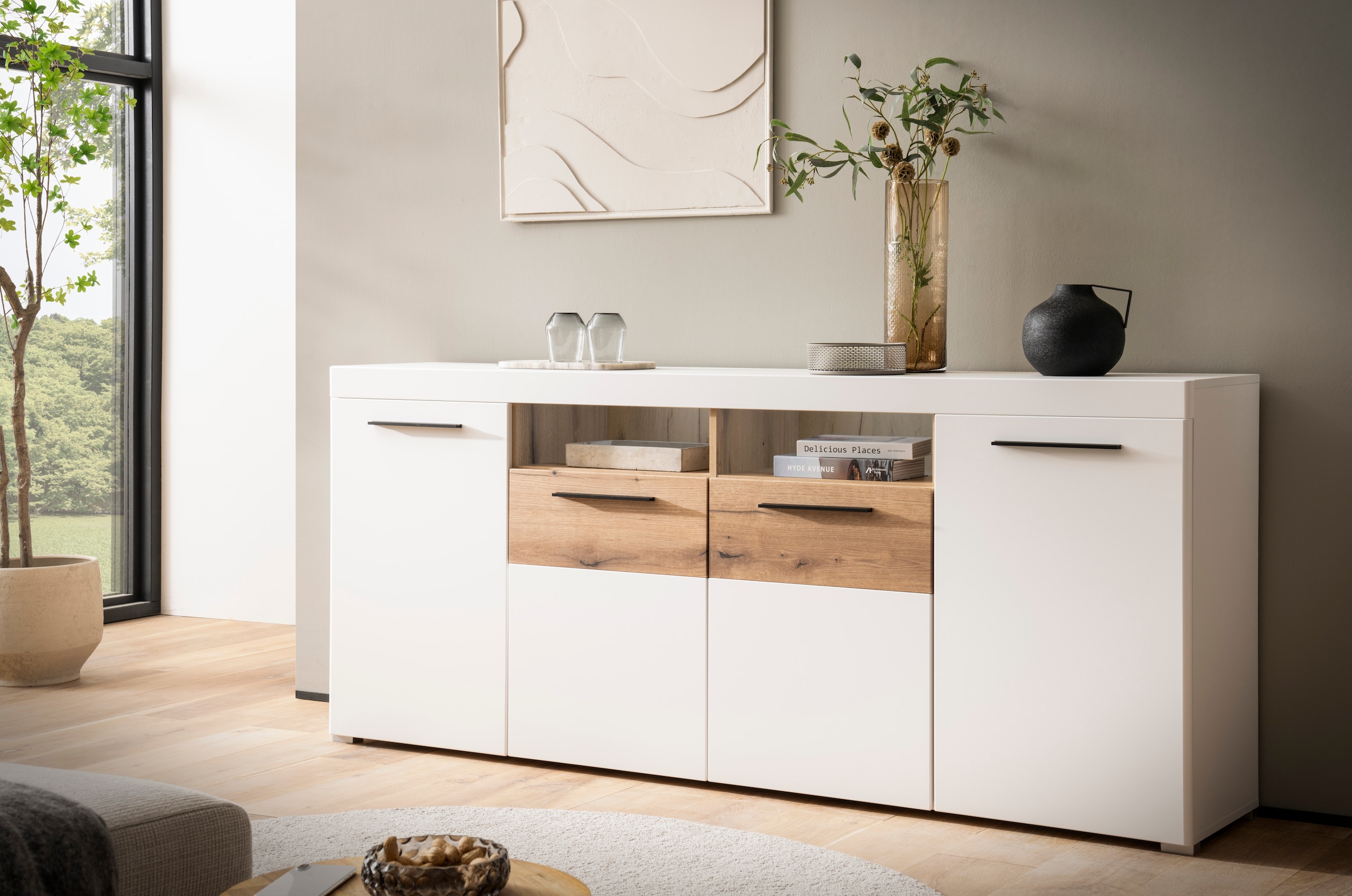 INOSIGN Sideboard »Salerno, moderner Schrank, Highboard in Weiß mit Eiche Evoke Dekor«, Metallgriffe, ausreichend Stauraum, vielseitig einsetzbar, 205cm breit