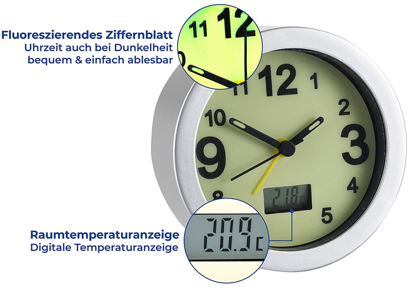 Maximex Wecker »nachtleuchtend«, Leuchtwecker mit großen Zahlen und digitaler Raumtemperaturanzeige