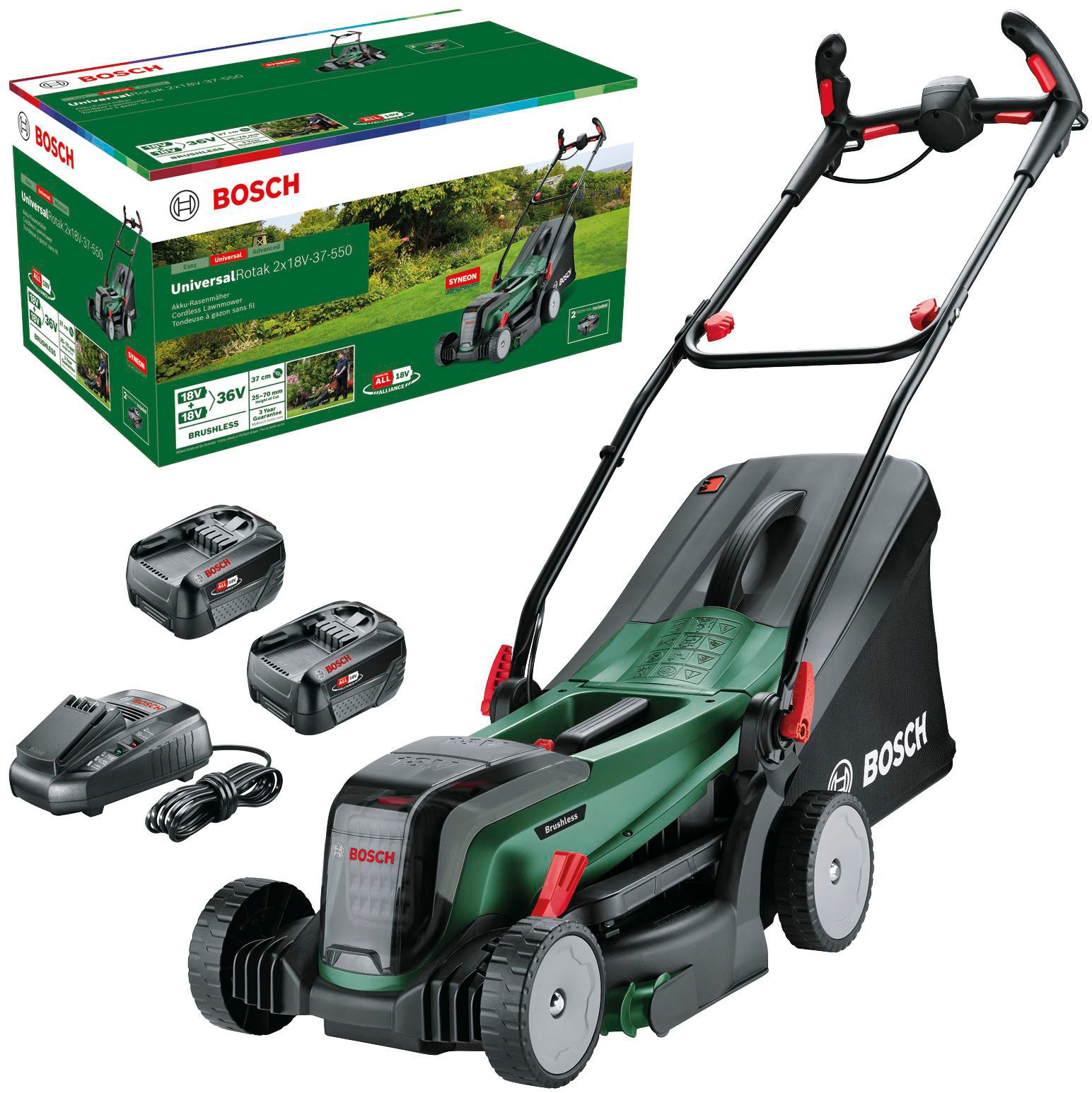 Bosch Home & Garden Akkurasenmäher »UniversalRotak 2x18V-37-550«, mit 2xAkku 18V/4,0 Ah und Ladegerät