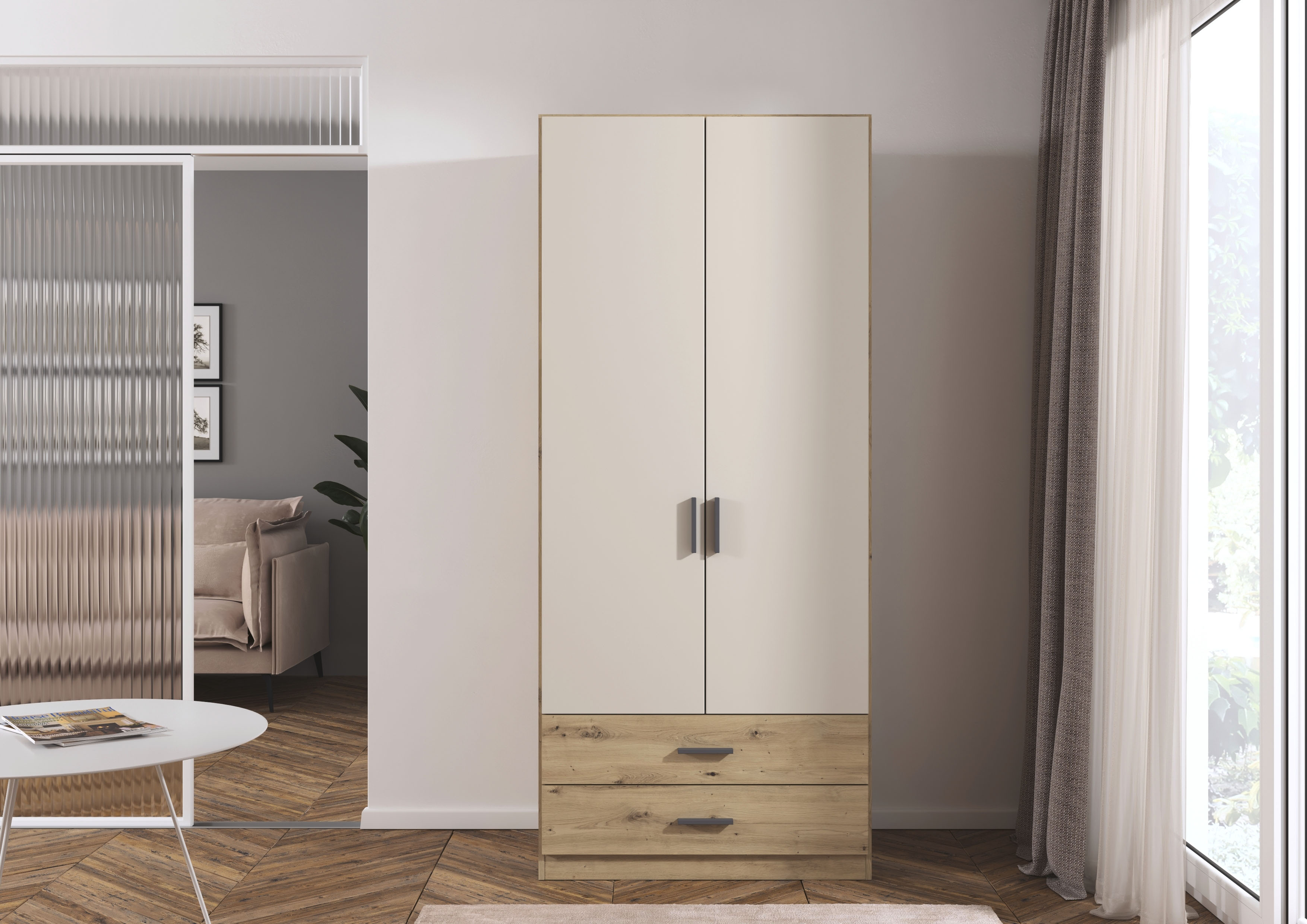 rauch Drehtürenschrank "Kleiderschrank Garderobe GAMMA Breite 91 cm" in 3 Ausstattungen BASIC/CLASSIC/PREMIUM (inkl. SOFT-CLOSE-Funktion), mit Schubladen, verschiedene Griff-Varianten TOPSELLER MADE IN GERMANY