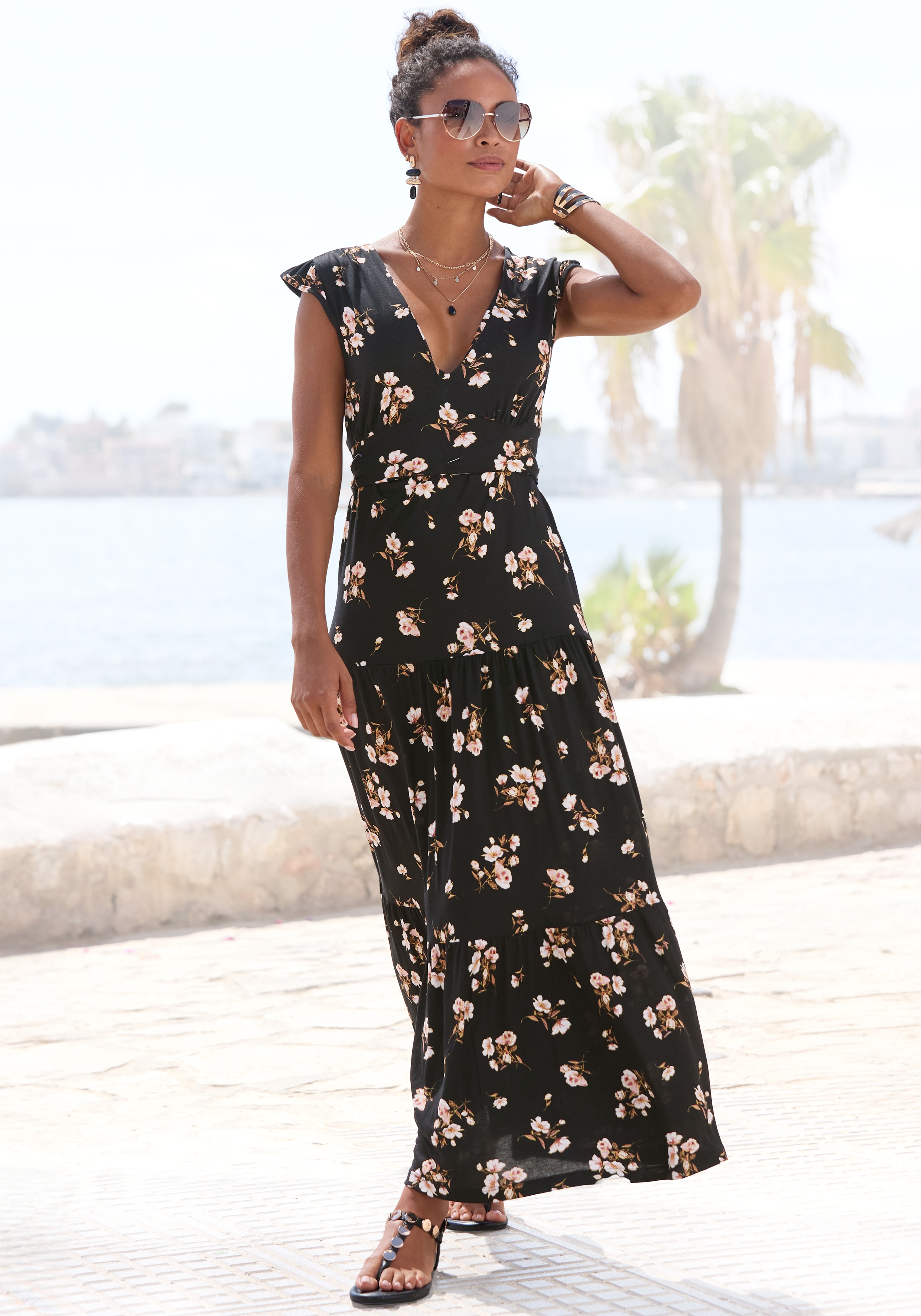 Vivance Maxikleid "mit V-Ausschnitt und Blumendruck" Ohne Taschen langes Jerseykleid, Viskosekleid, Sommerkleid