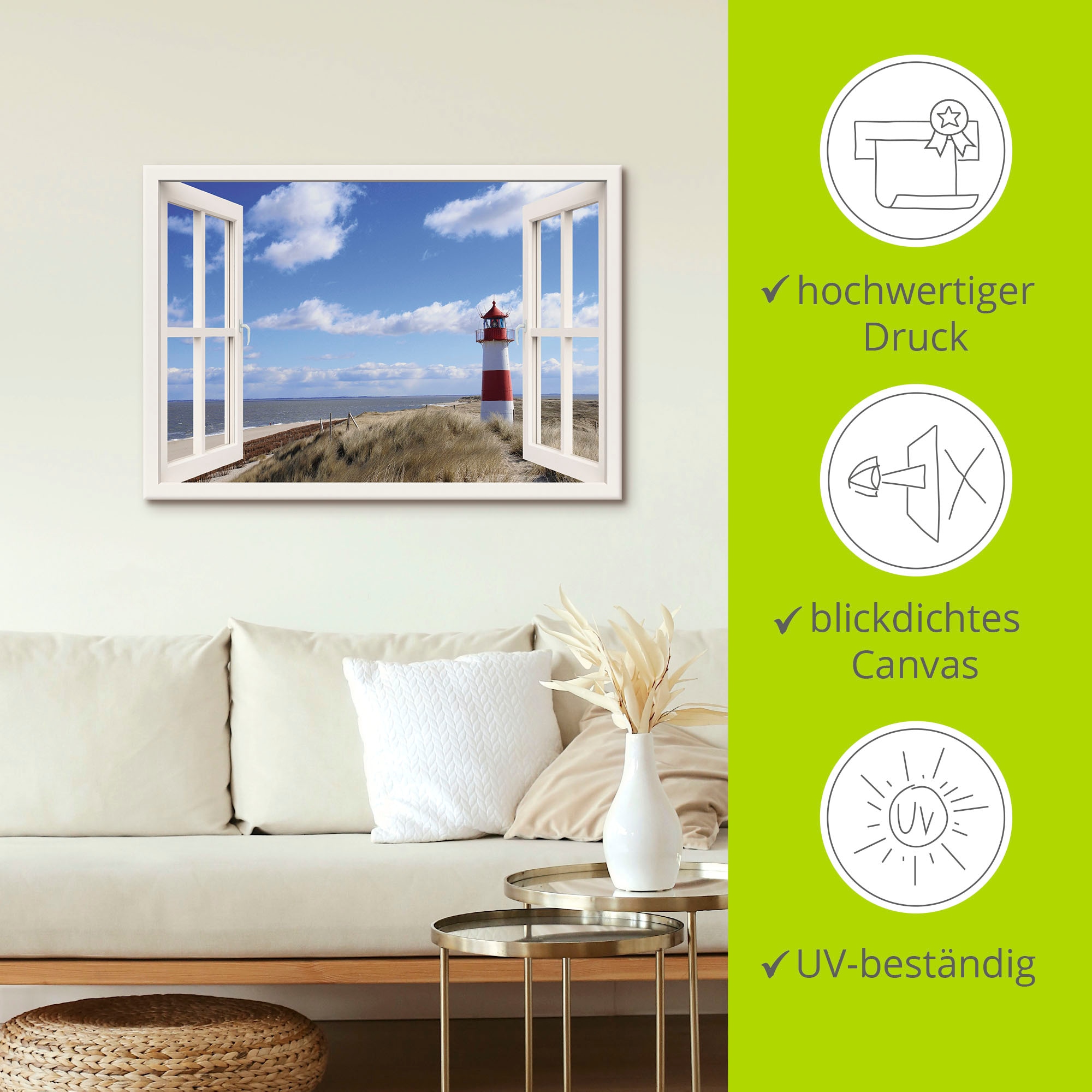 Artland Wandbild »Fensterblick - Leuchtturm Sylt«, Fensterblick, (1 St.), als Leinwandbild, Poster, Wandaufkleber in verschied. Größen
