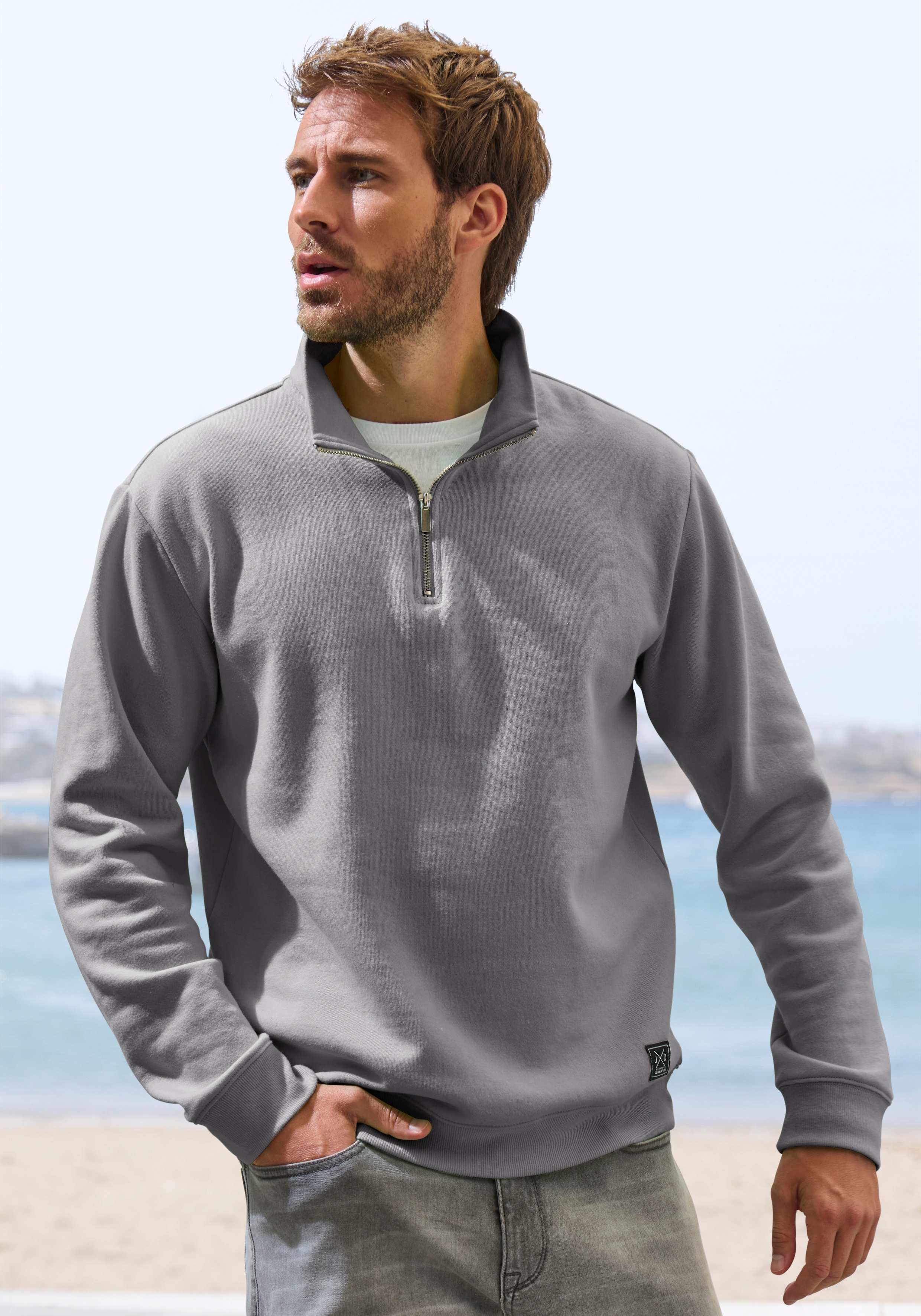 John Devin Sweatshirt, Langarm, Pullover mit Reißverschluss am Stehkragen
