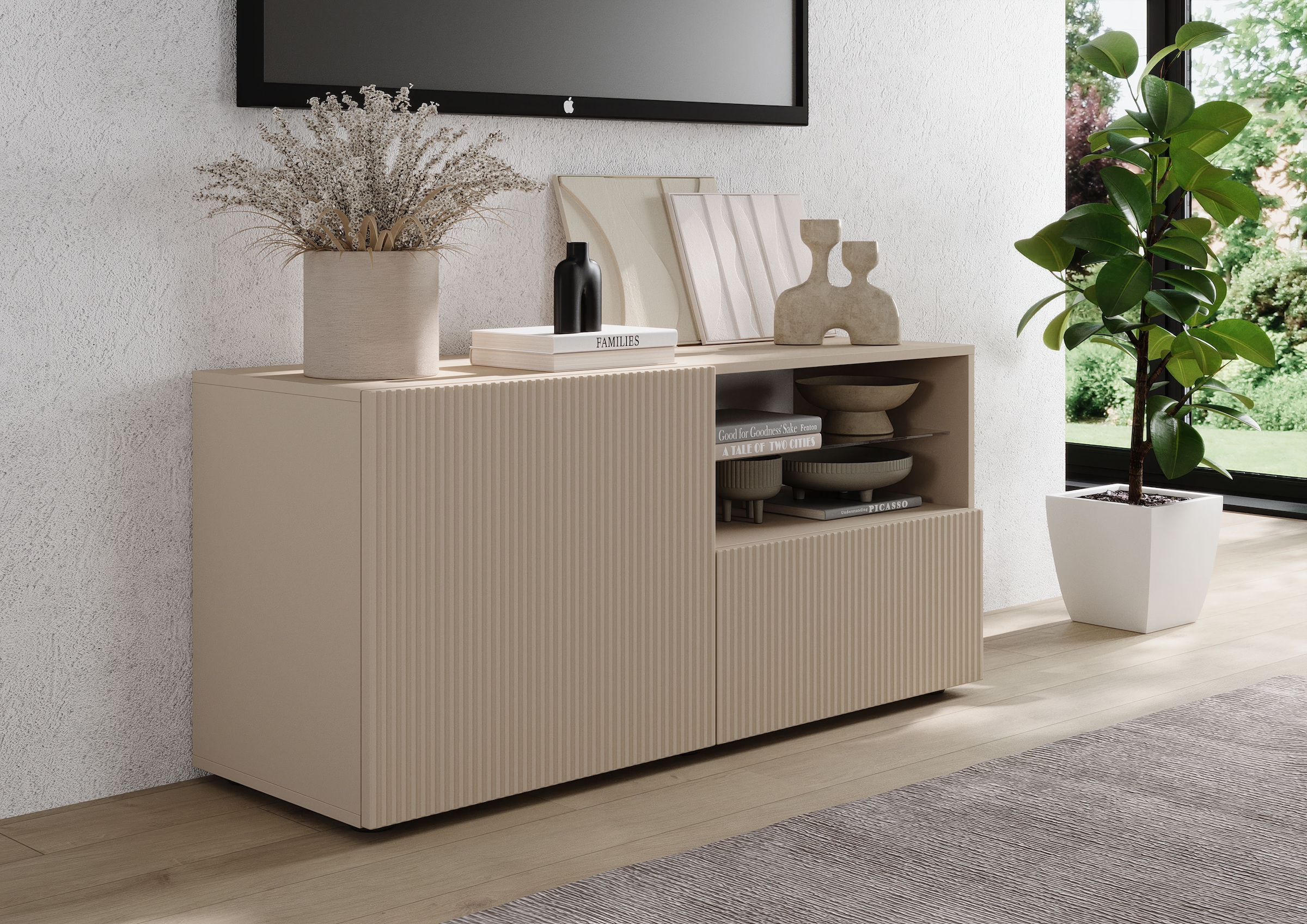 INOSIGN Lowboard »Rio Breite 120 cm, TV-Board 1 Tür u. 1 Schubkasten, TV-Schrank«, geriffelte Front, modern u. elegant, für kleine Räume