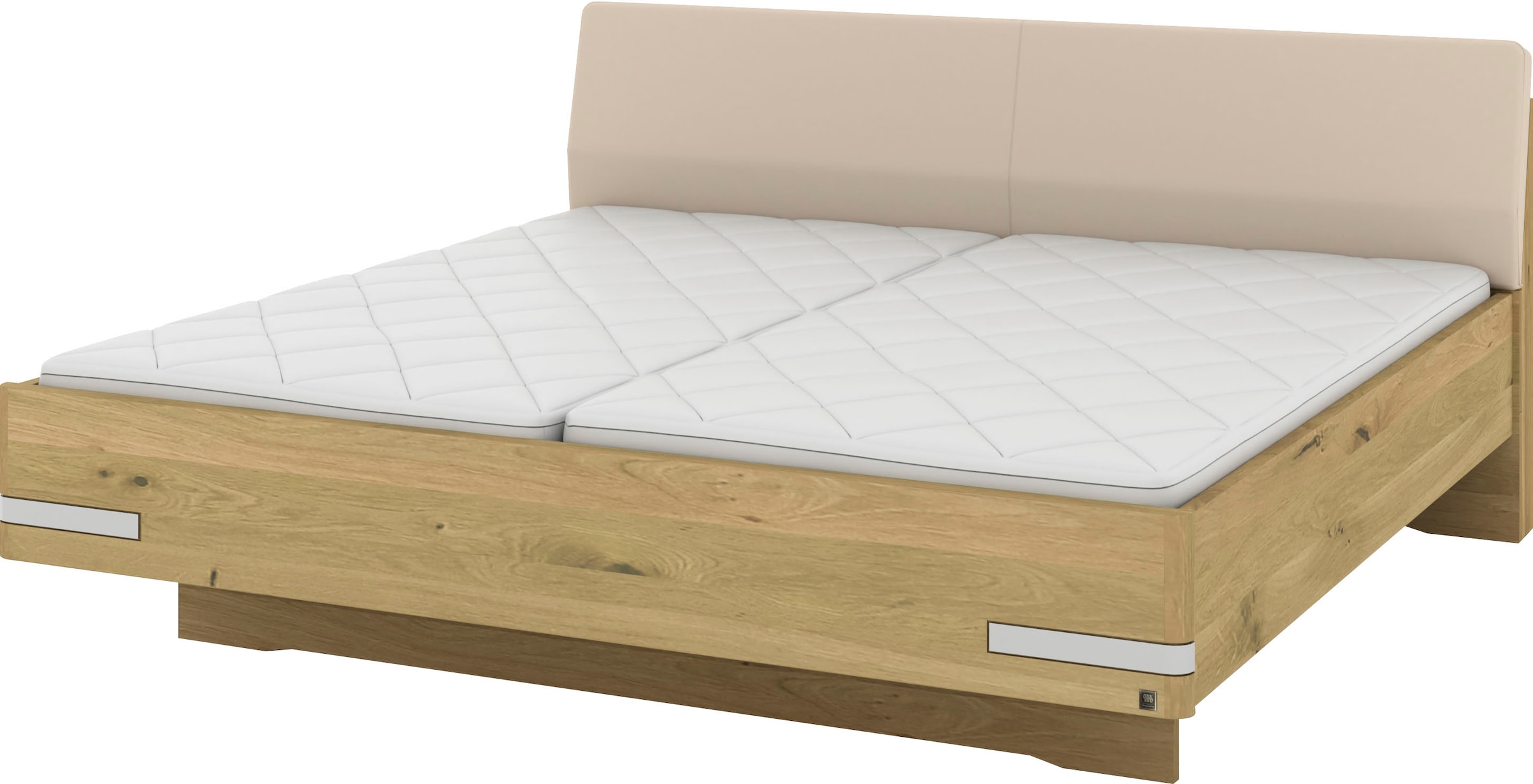 Musterring Holzbett »Savona, Bettgestell, Bettrahmen, teilmassiv Bianco-Eiche«, (Belastbarkeit 220 Kg, 4-fache Liegehöhenverstellung, MADE IN GERMANY), Kopfteil Kunstleder Champagner, Details in Chrom, verschiedene Größen