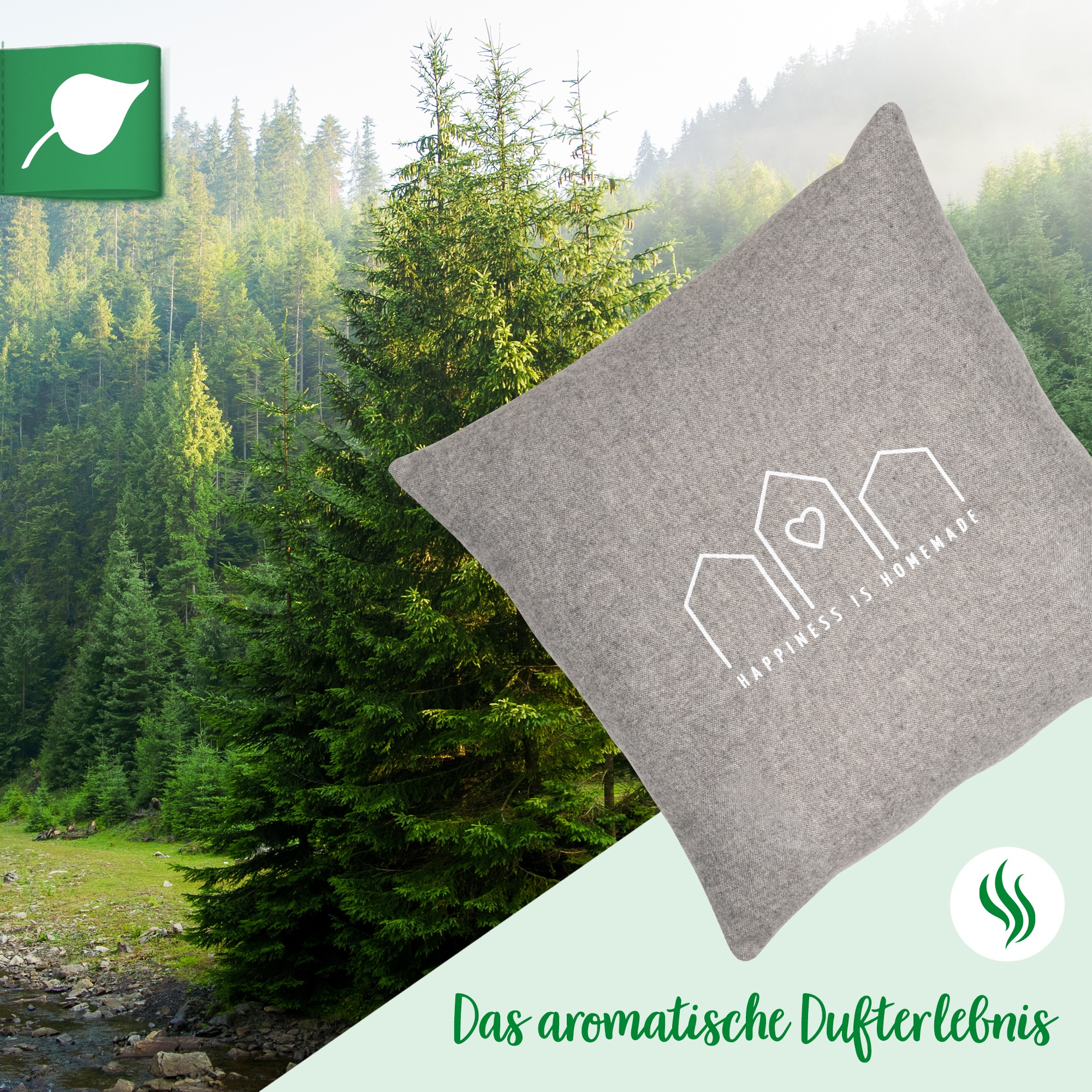Thumbnail - herbalind Zirbenkissen "Happiness is Homemade - Flanell in grau 30x30 mit Reißverschluss", 100% Baumwolle mit Zirbe Füll...