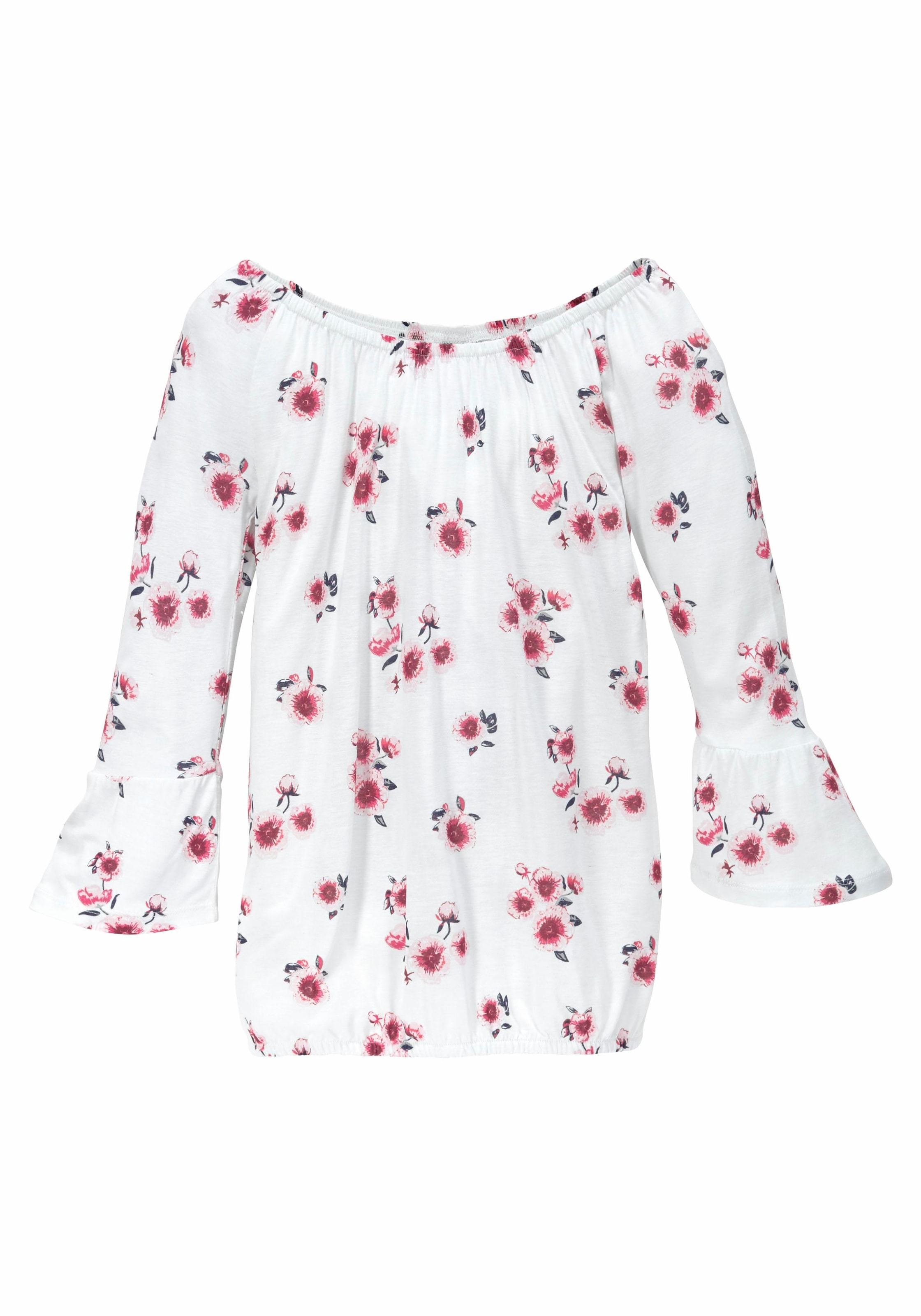 KIDSWORLD Carmenshirt »Viskose-Shirt«, weite Passform, mit Blumenmuster und Aufdruck, Carmenausschnitt
