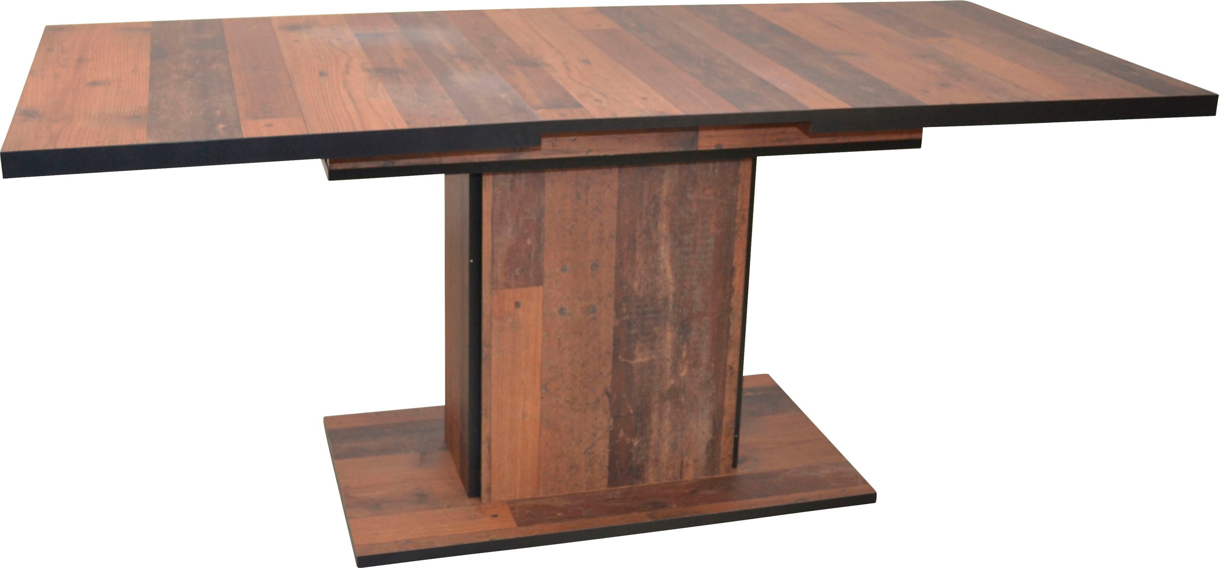 Esstisch HOME AFFAIRE "Hunter", schwarz (oldwood, schwarz, oldwood, oldwood, schwarz), B:140cm H:76cm T:80cm, Der ausziehbare Esstisch »Hunter« aus dem Hause Home affaire sorgt für einen Blickfang in deinem Esszimmer. Er wird aus hochwertigem Holzwerkstof 3