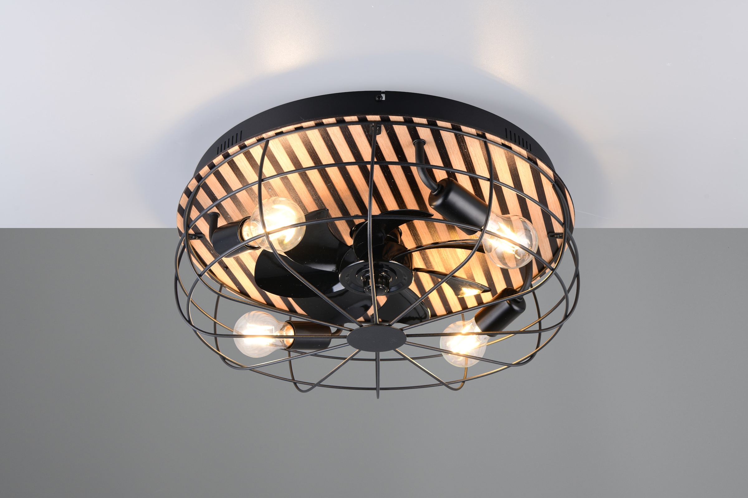Leonique Deckenleuchte »Nilux mit Ventilator, Deckenventilator mit Licht exkl 4x E27 max 10W«, 4 flammig, Leuchtmittel E27 | Leuchtmittel wechselbar, Holzstreifen Optik Akustikpaneel, Fernbedienung, 3 Stufen + Timer