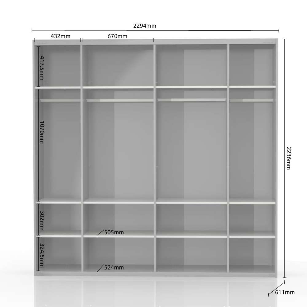 Home affaire Schwebetürenschrank »Gala, wahlweise mit oder ohne Spiegel, 230x65x224cm, FSC-zertifiziert«, (mit 12 Einlegeböden und 4 Kleiderstangen), UV lackiert, kratzfest, hochglänzend, Soft-Close Funktion