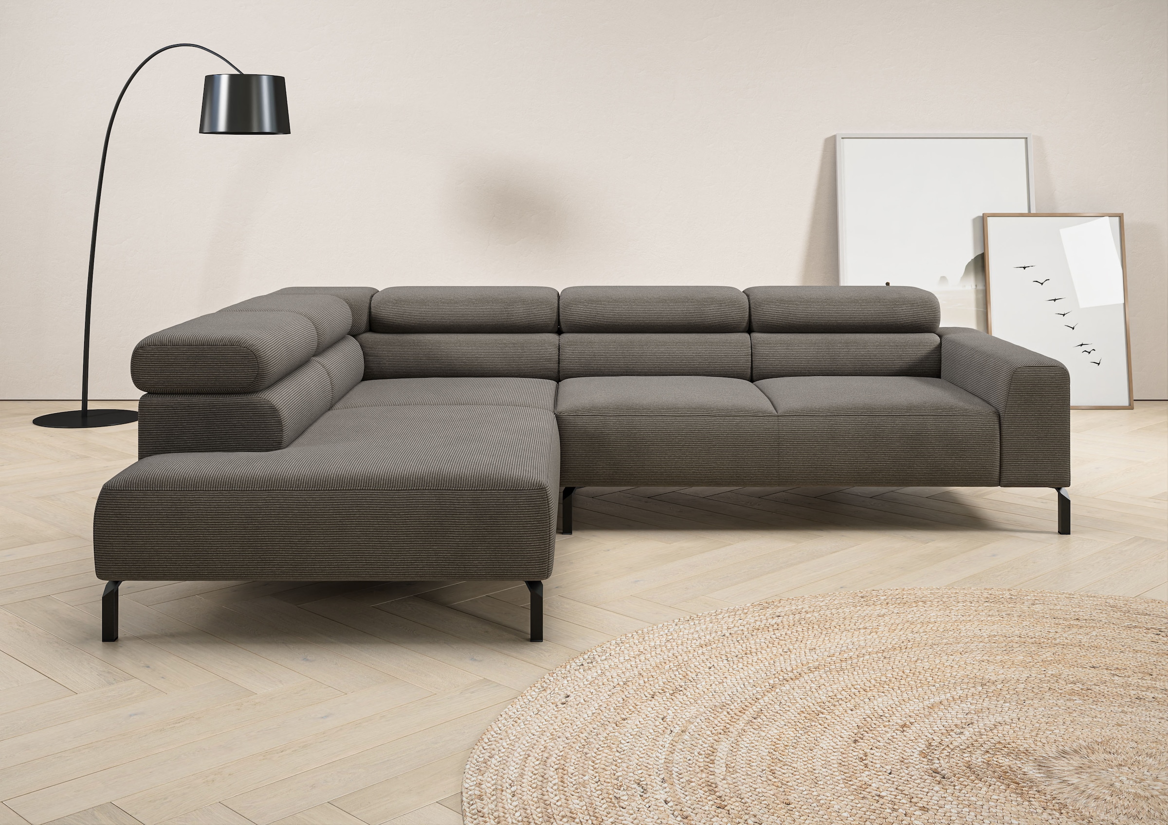 Home affaire Ecksofa "Antonelli, L-Form, inkl. Kopfteilverstellung, Breite 276 cm" ohne Sitztiefenverstellung, in Feincord, grau