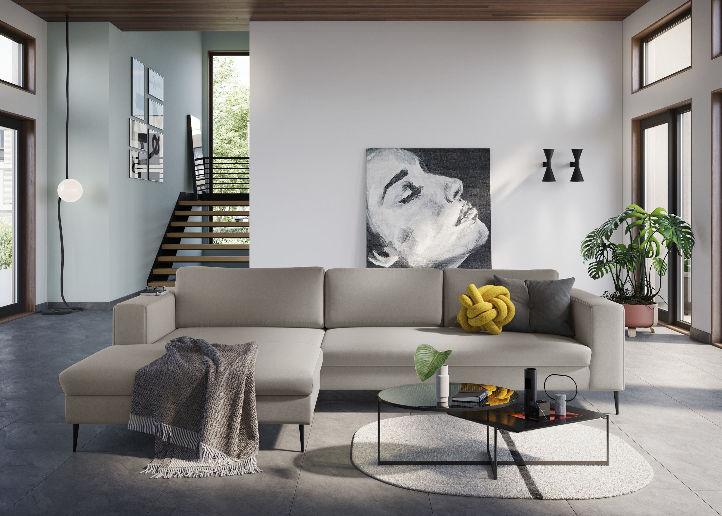 DOMO collection Ecksofa "Modica, zeitlos & elegant, Breite 329cm, hoher Fuß, bequem, L-Form" Auch in Cord, Fußhöhe passend für gängige Saugroboter