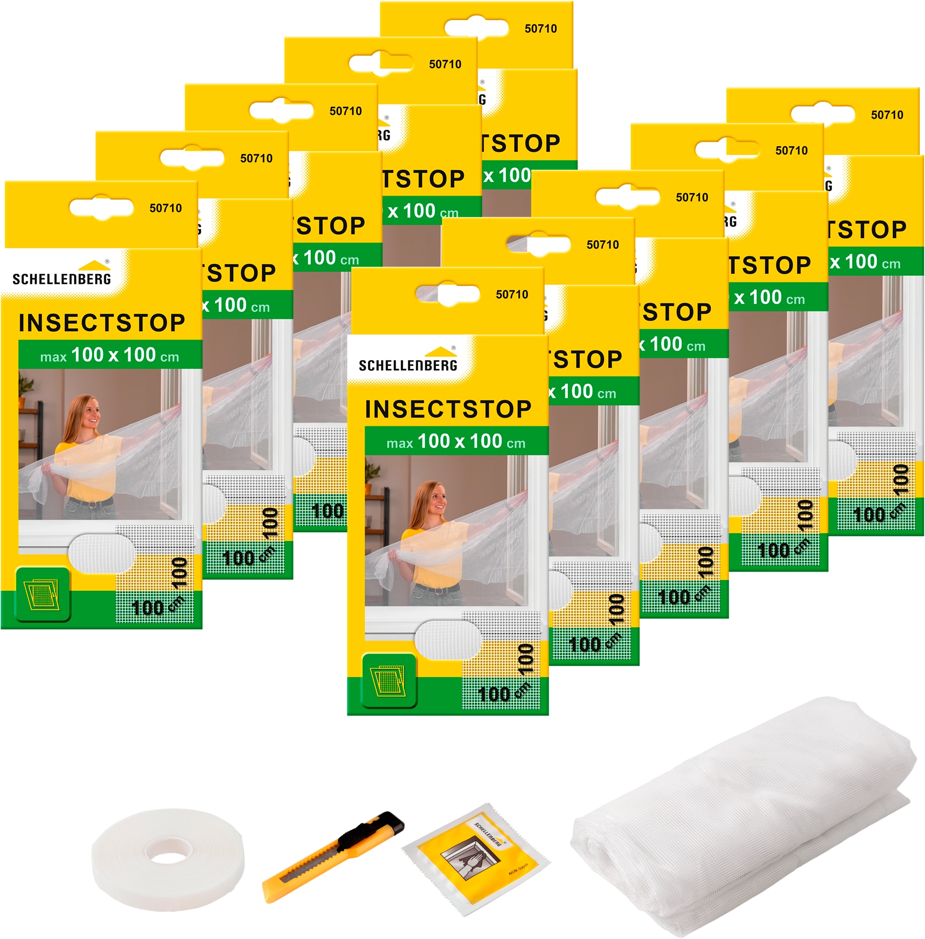 SCHELLENBERG 1100000002199 "für Fenster ohne bohren" Set, 10 Stk. tlg. Insektenschutz inkl. Befestigungsband, 100 x 100 cm, weiß, anthrazit
