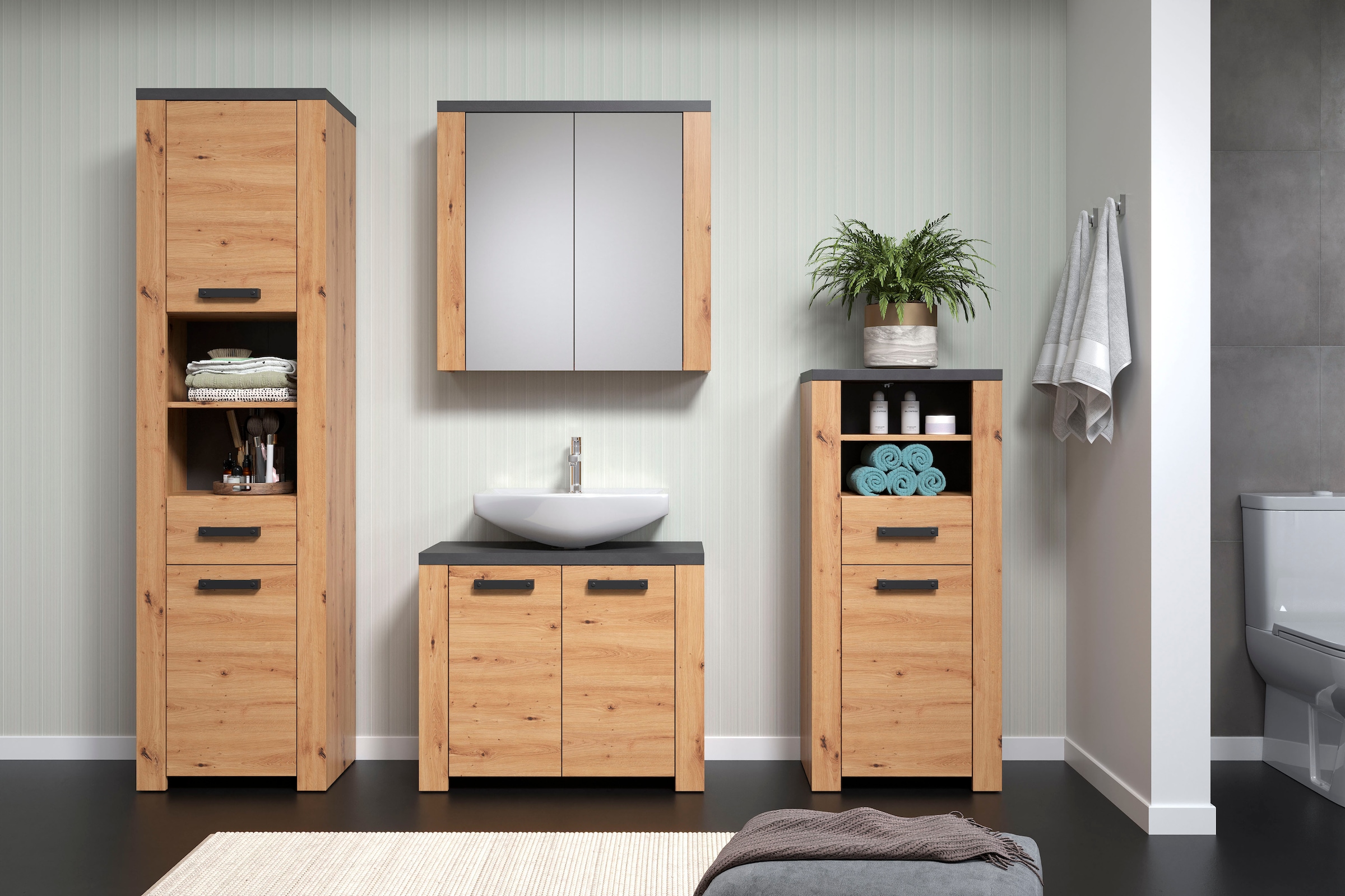Home affaire Hochschrank »Ambres«, (1 St.), Badschrank in matter Echtholzoptik - Maße (B/T/H) 53/35/196 cm