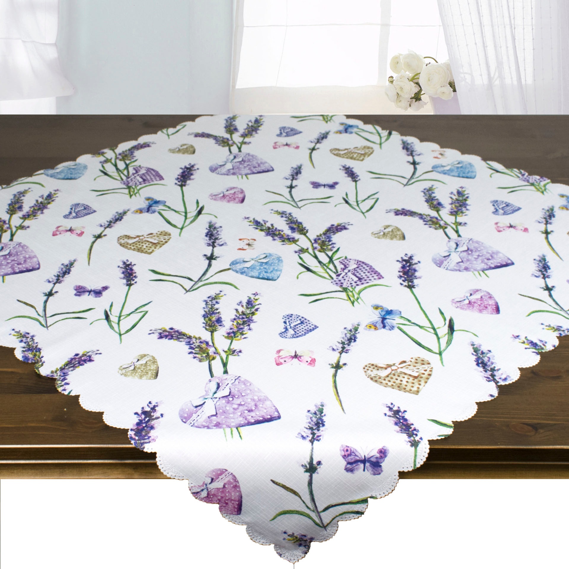 Mitteldecke, B:80cm L:80cm, weiß, DELINDO LIFESTYLE, Polyester, Tischdecken, "LAVENDEL + HERZ", Strukturgewebe, bedruckt