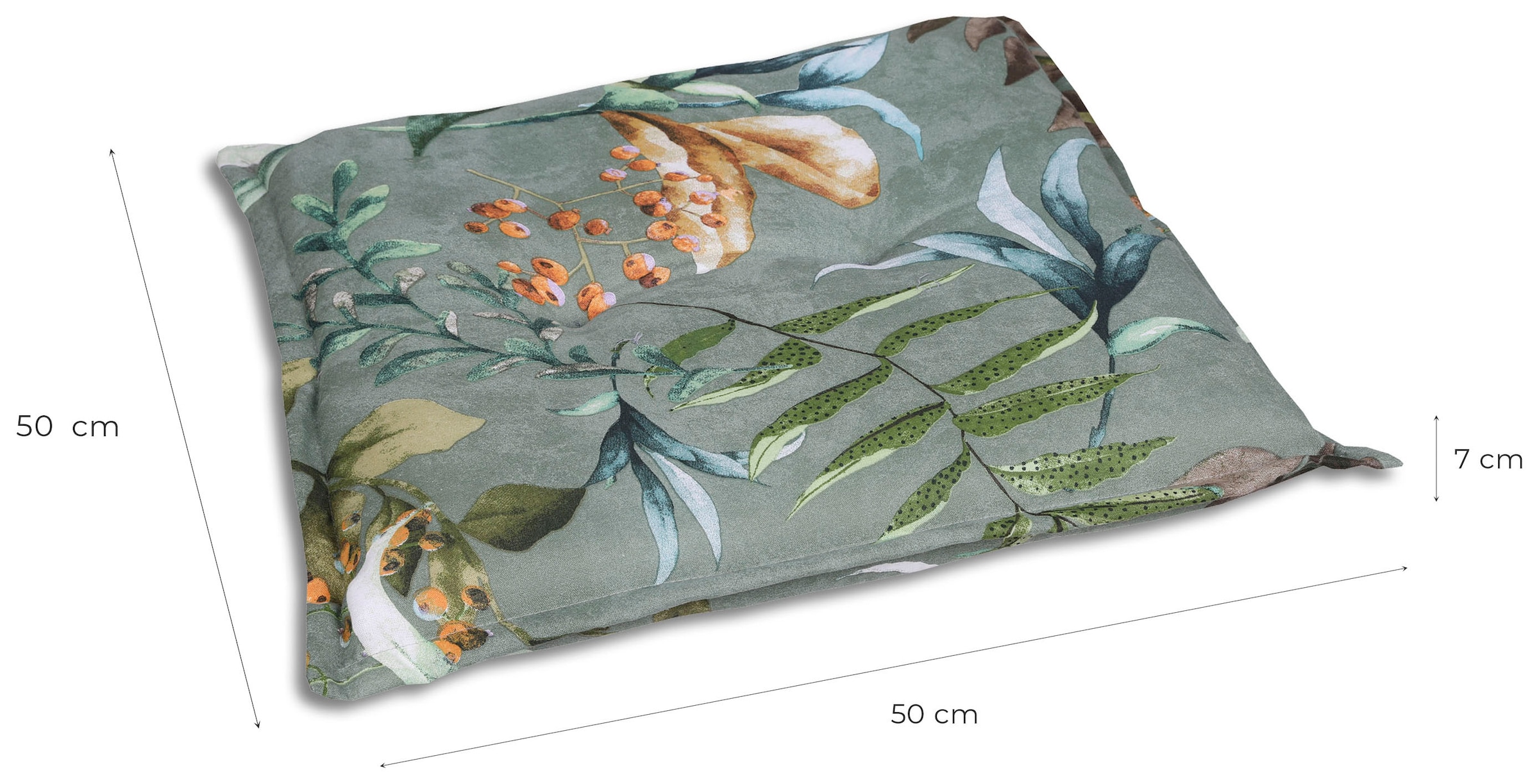 GO-DE Hockerauflage Blätter / Beeren grün - Maße BxLxH ca.: 50 cm x 50 cm x 7 cm