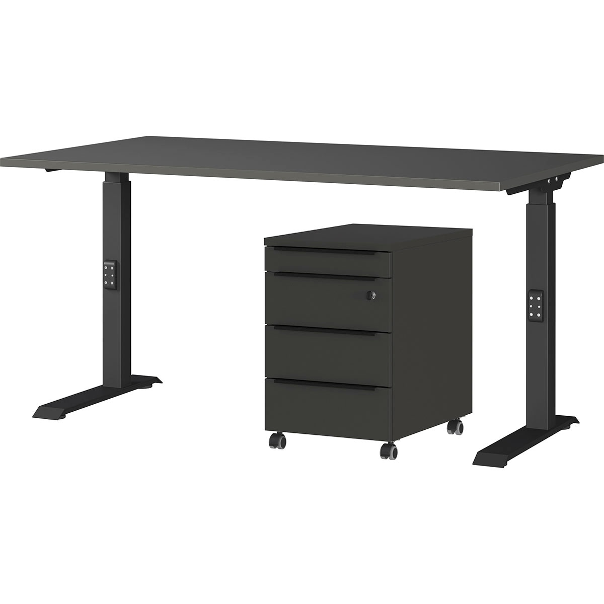 Büromöbel-Set GERMANIA, B:140cm, grau, Metall, Spanplatte, Arbeitsmöbel-Sets, "Mailand", inkl. Schreibtisch und Rollcontainer