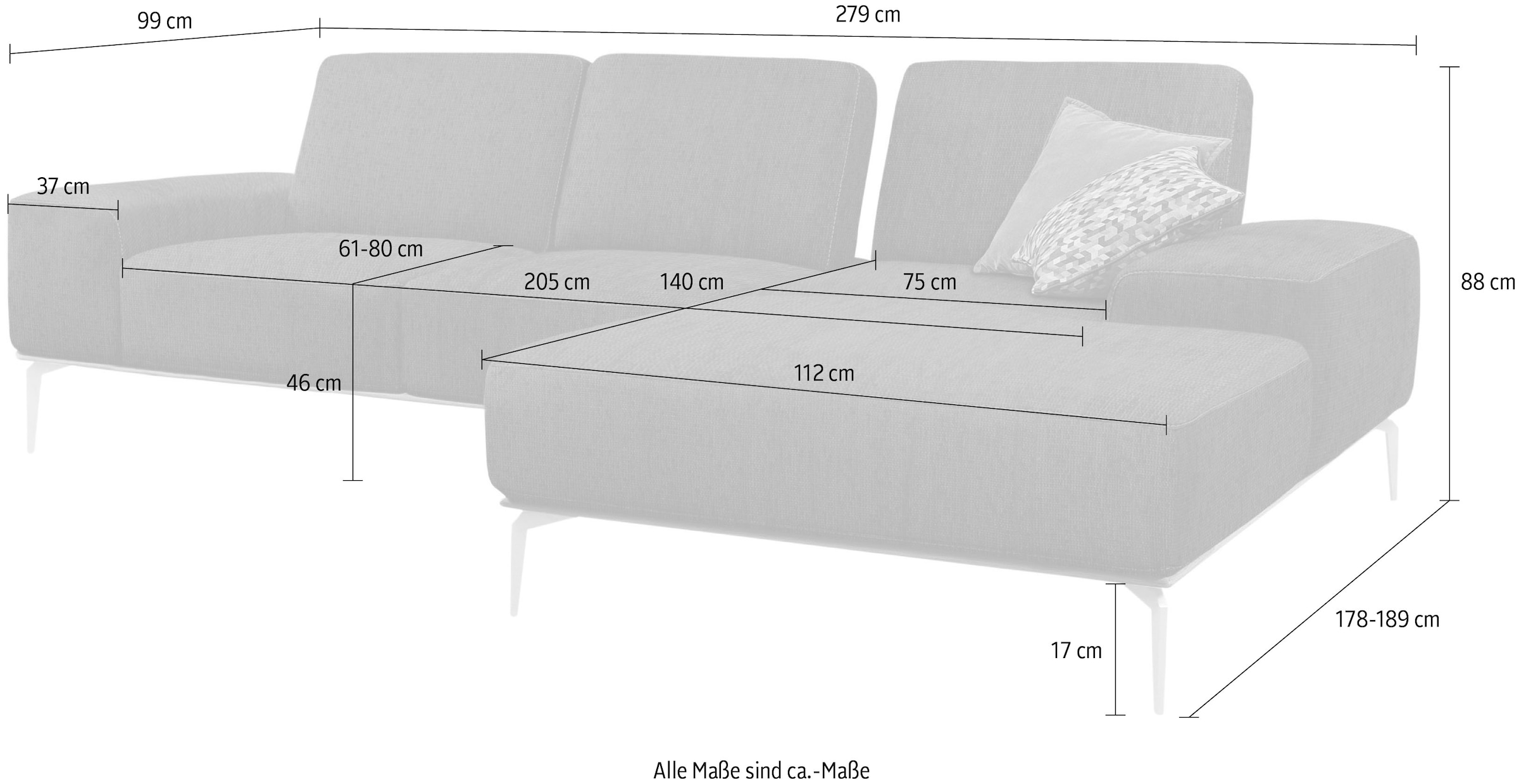 W.SCHILLIG Ecksofa »run, Designsofa mit tollem Sitzkomfort, bequem, L-Form«, mit elegantem Holzsockel, Füße in Silber matt, Breite 279 cm