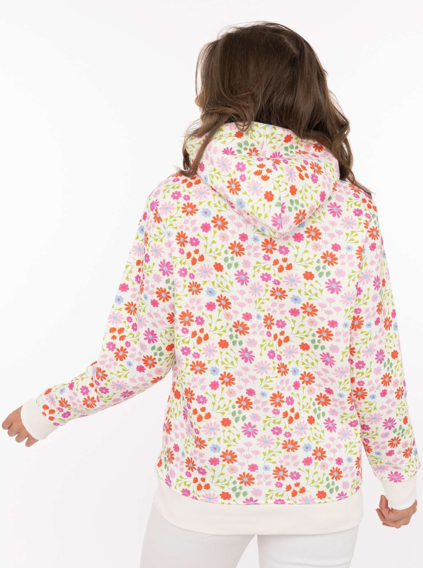 Zwillingsherz Hoodie »"AOP Flower Happy Vibes"«, All-Over-Print, gestickter Schriftzug, Kapuze, elastische Bündchen
