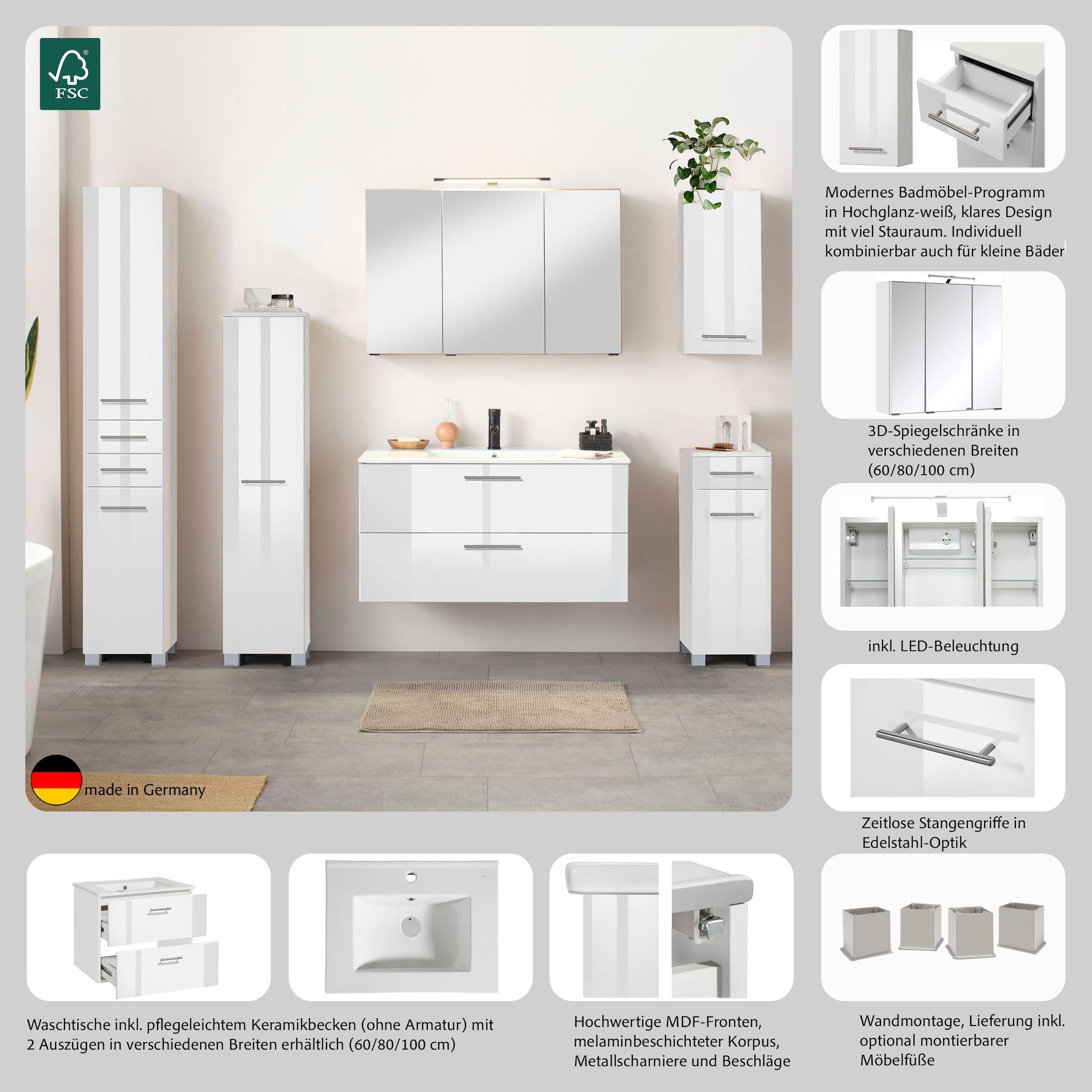welltime Waschtisch »Trento in verschiedenen Ausführungen Unterschrank inkl. Waschbecken« Badmöbel in Breite 100 cm, Waschplatz mit 2 Schubladen , Badschrank
