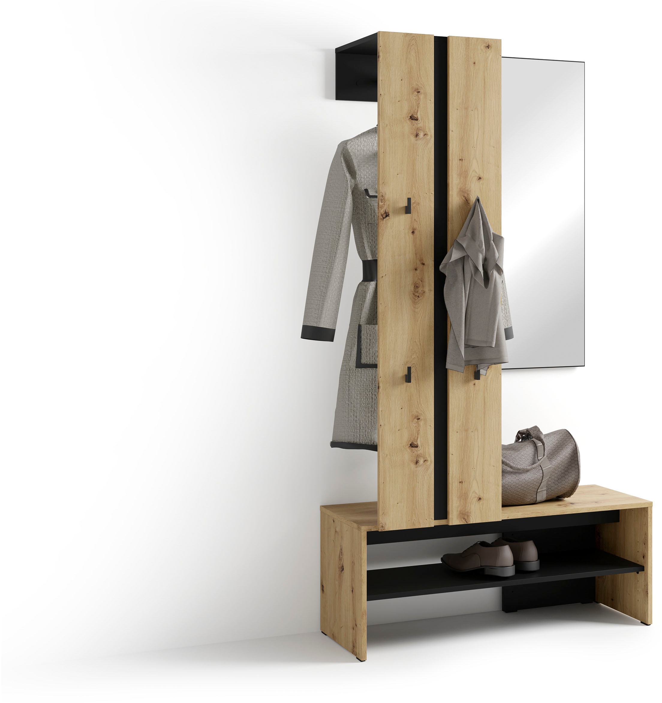 byLIVING Kompaktgarderobe »Dielen - Set Nante«, (2 St.), maximale Ordnung auf wenig Fläche mit Spiegel, Kleiderstange und Haken