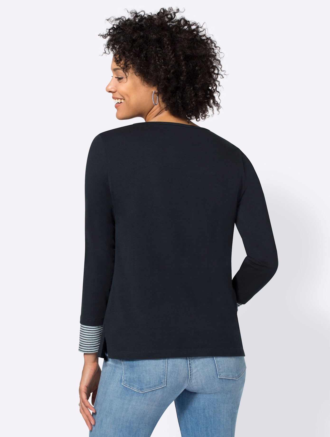 Langarmshirt CLASSIC BASICS "Shirt", Damen, Gr. 56, blau (marine), 100% Baumwolle, gemustert, mehrfarbig, V-Ausschnitt, Shirts Langarmshirt, Topseller 2
