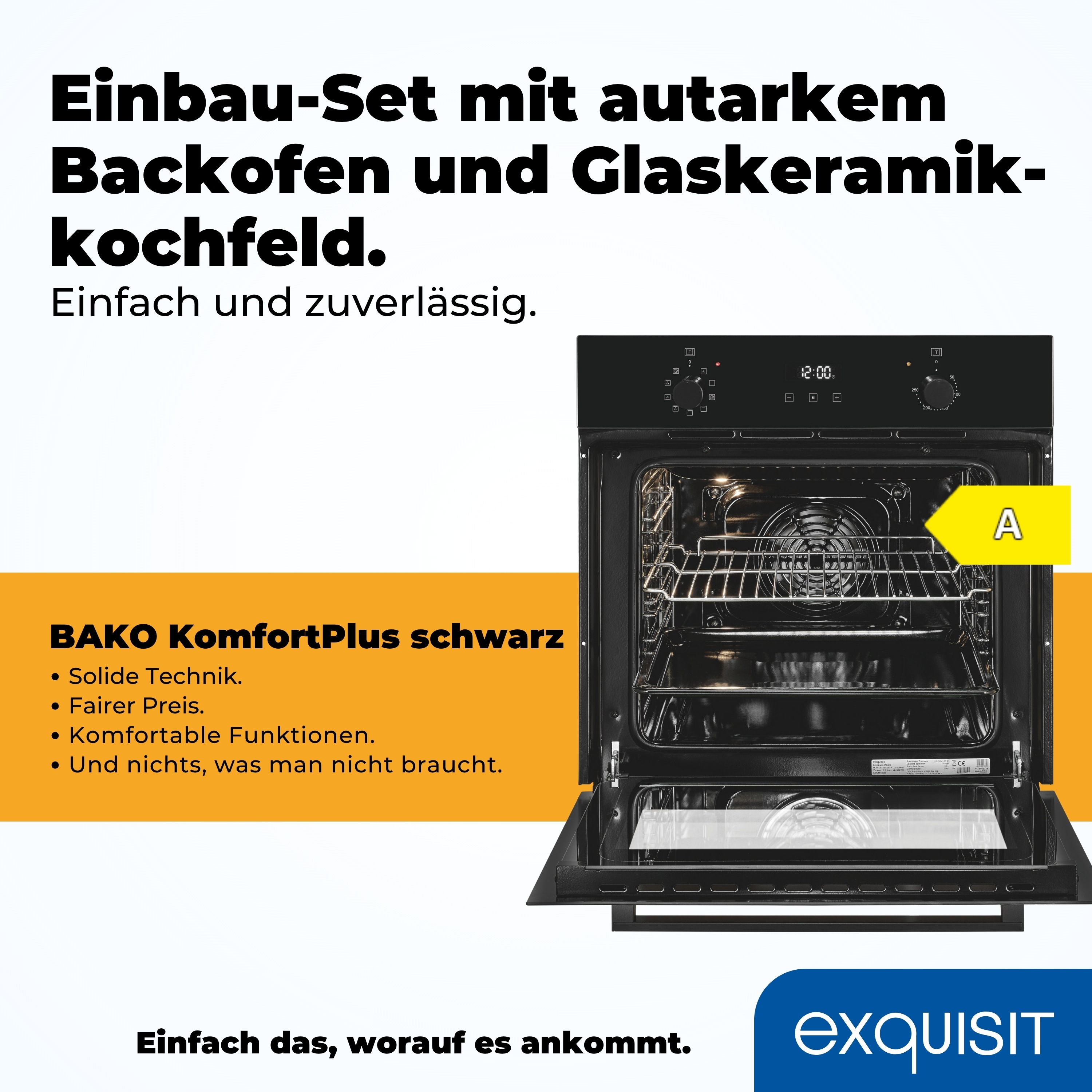 Thumbnail - exquisit Backofen-Set "EBE257-H-020 schwarz" Set, 2 Stk. tlg. Schmelzen,Warmhalten&Simmern – rahmenlos, mit Heißluft-&Pi...