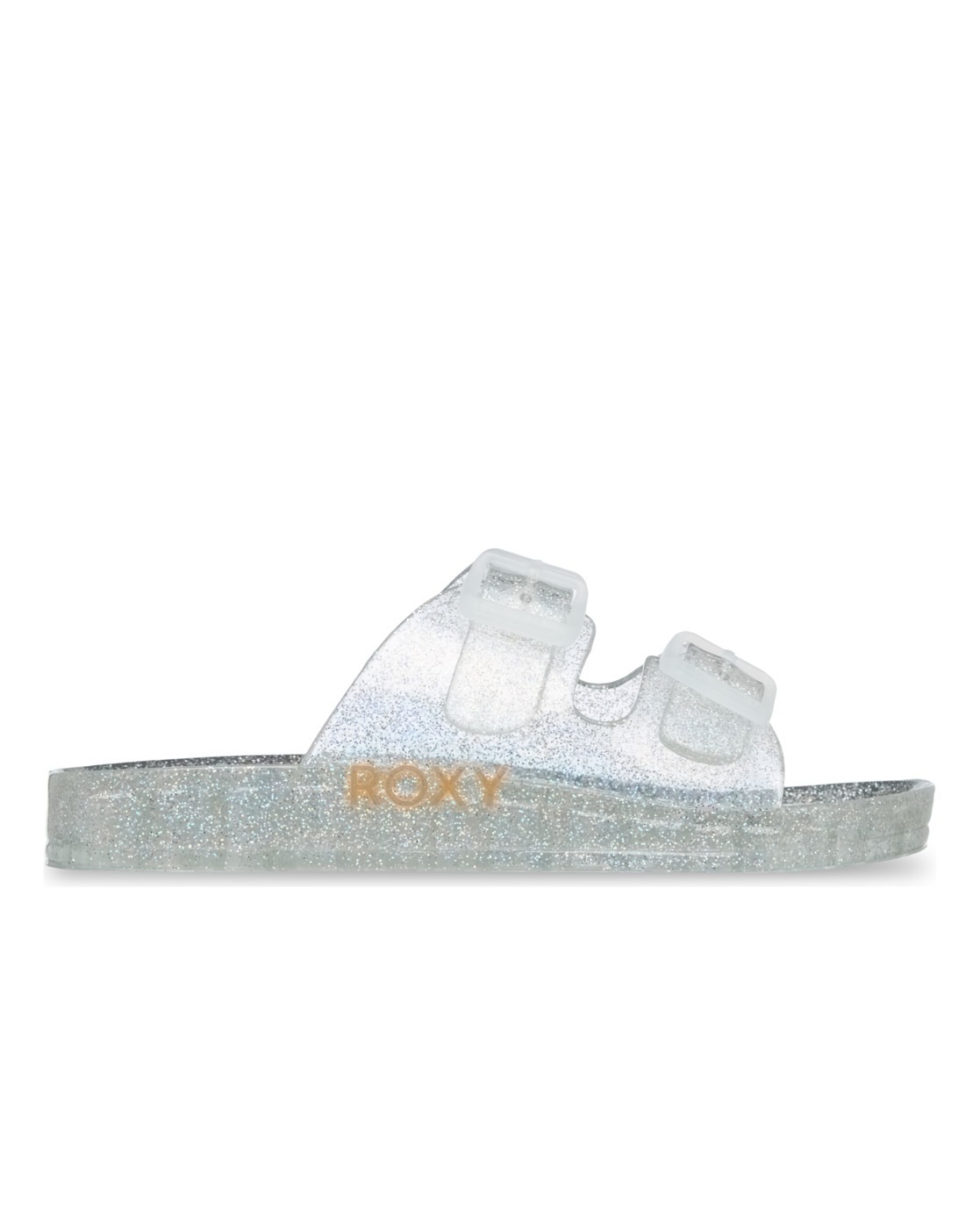 Sandale ROXY "Rg Kattie Glitter", Jungen, Gr. 2(32), silber, Obermaterial:Obermaterial: 95% PVC/ 5% synthetische Kunststoffschnalle, Futter: N/A, Laufsohle: 100% synthetisches PVC;, Schuhe Sandale