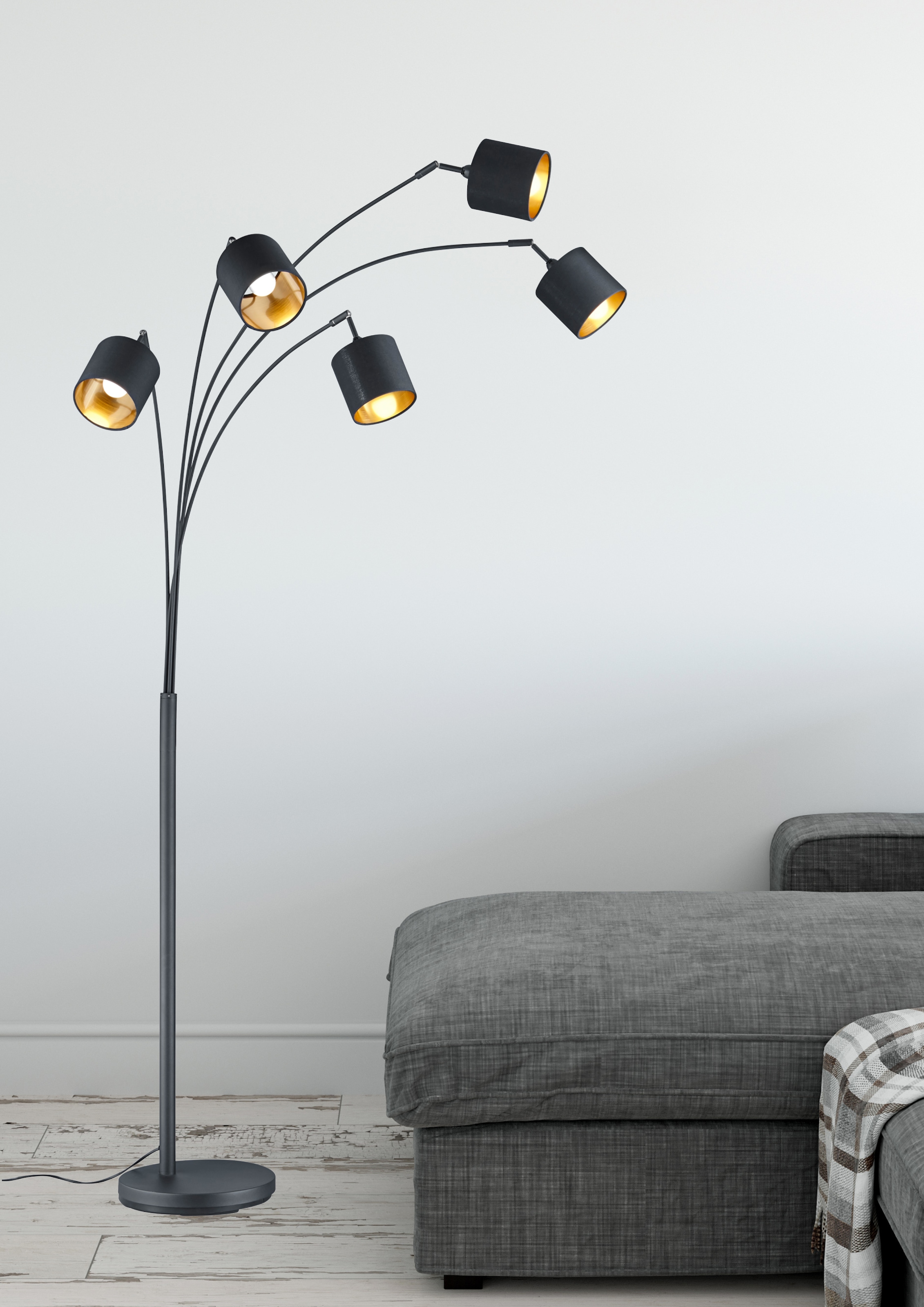 REALITY Leuchten Stehlampe »TOMMY, Bogenleuchte 5-flammig, exkl 5x E14 max 28W, mit Fussschalter«, 5 flammig, Leuchtmittel E14 | Leuchtmittel wechselbar, Stehlampe Wohnzimmer mit Stoffschirmen und verstellbaren Spots