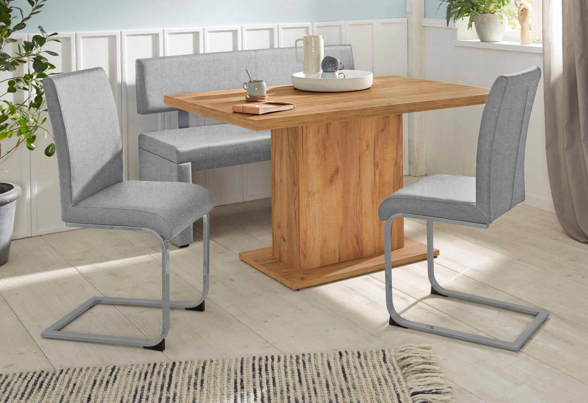 Sitzbank OTTO HOME "Charissa", grau (hellgrau (capulet 4003), hellgrau (capulet 4003)), B:160cm H:90cm T:53cm, Holzwerkstoff, Massivholz, Sitzbänke, Essbank Sitzbank Polsterbank, mit Lehne, Breite 140, 160 oder 180 cm