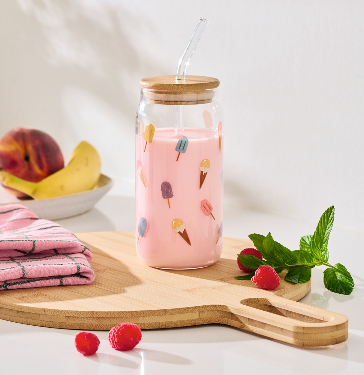 Zeller Present Gläser-Set »Trinkglas-Set, 4er Set« Stilvolles Sommer-Motiv mit Deckel und Glastrinkhalm, 500 ml