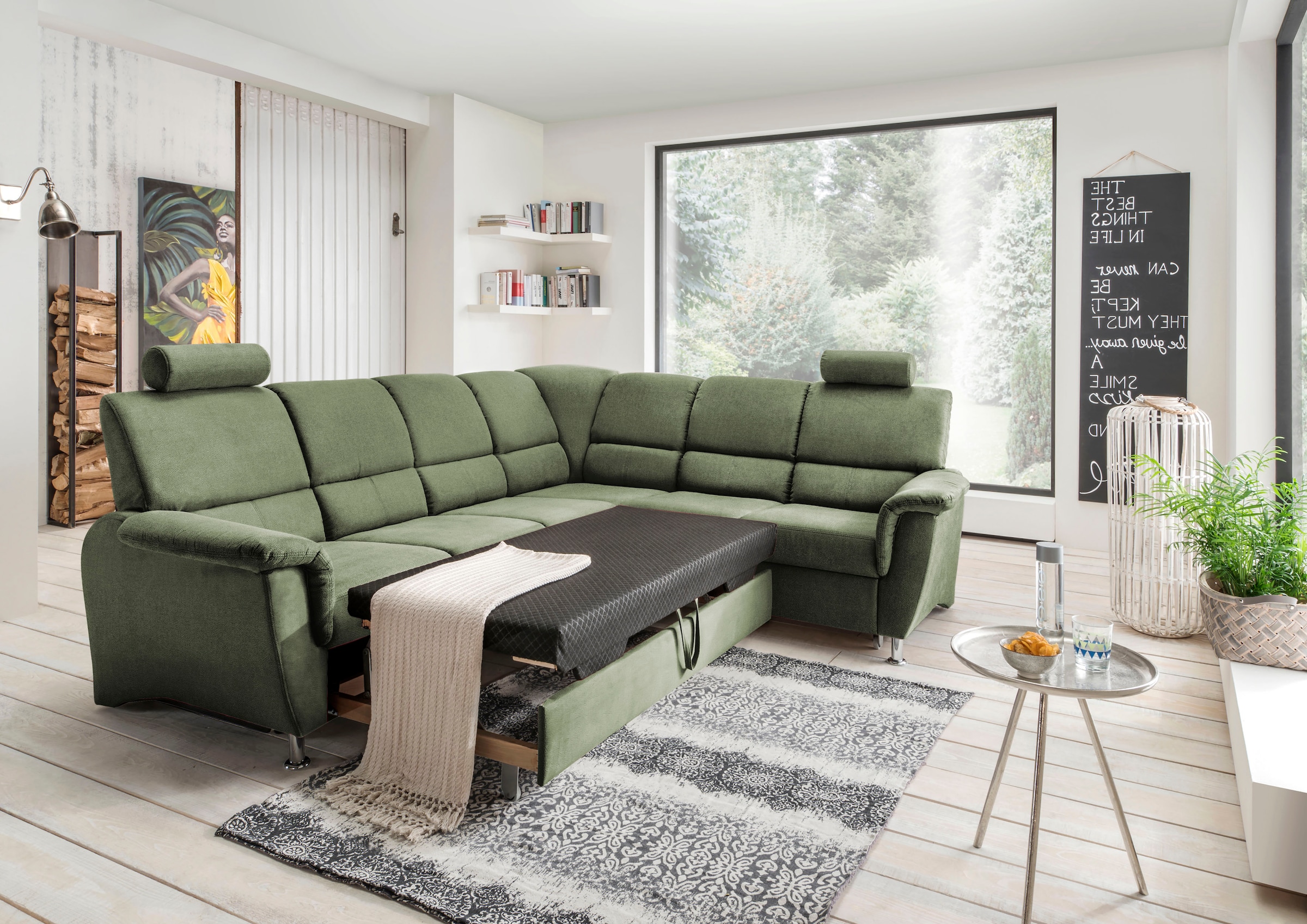 Home affaire Ecksofa »Pisa L-Form, mit Schlaffunktion, Stauraum, 2x höhenverstellbare«, Kopfstützen und Relaxfunktion im Eckelement