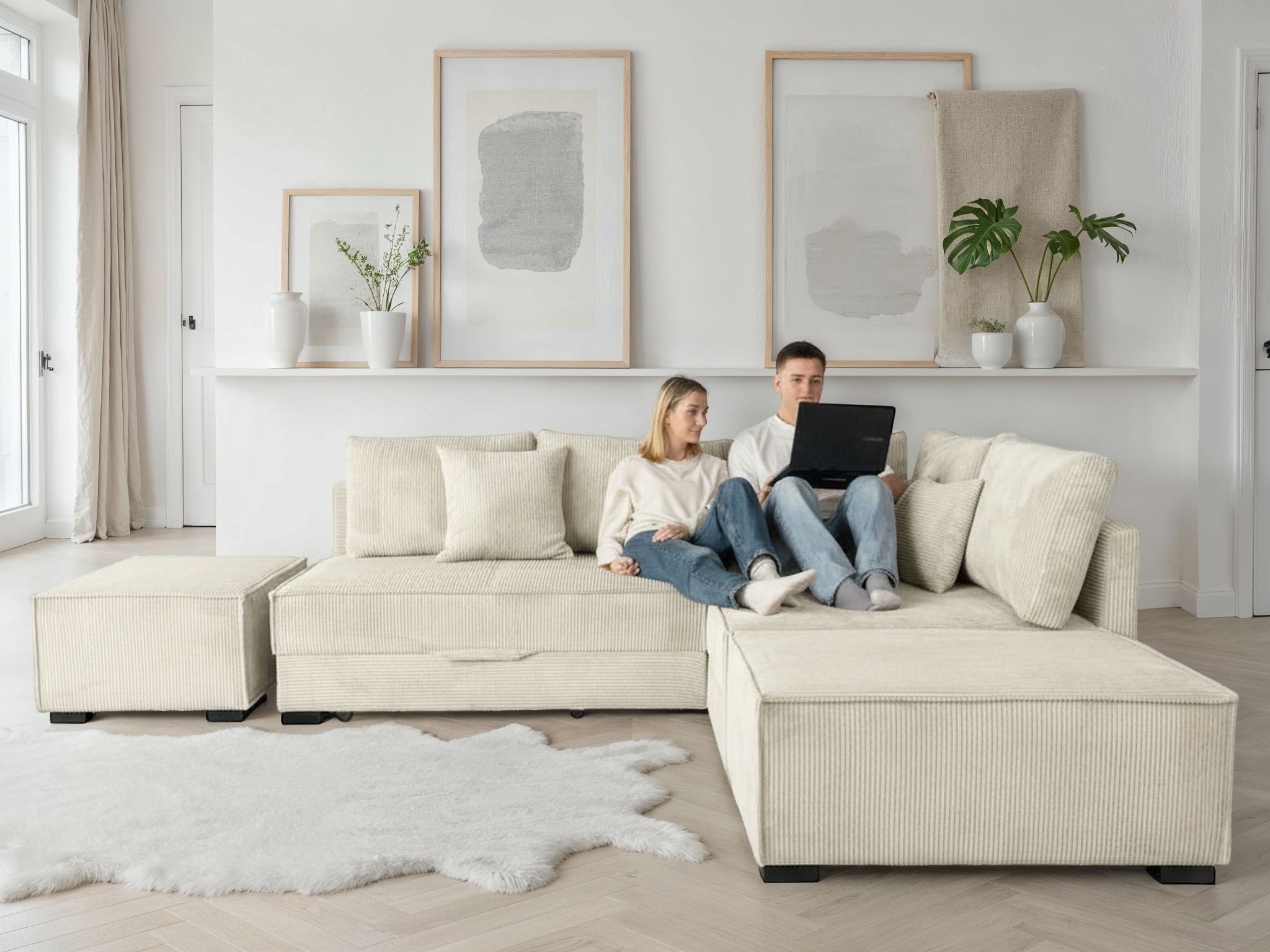 Home affaire "Night & Day L-Form, B: 316 cm mit Dauer-Schlaffunktion 180x200 cm" Set: Sofa & Hocker, Schlaffunktion, Bettkasten & Kissen, Boxspringbett