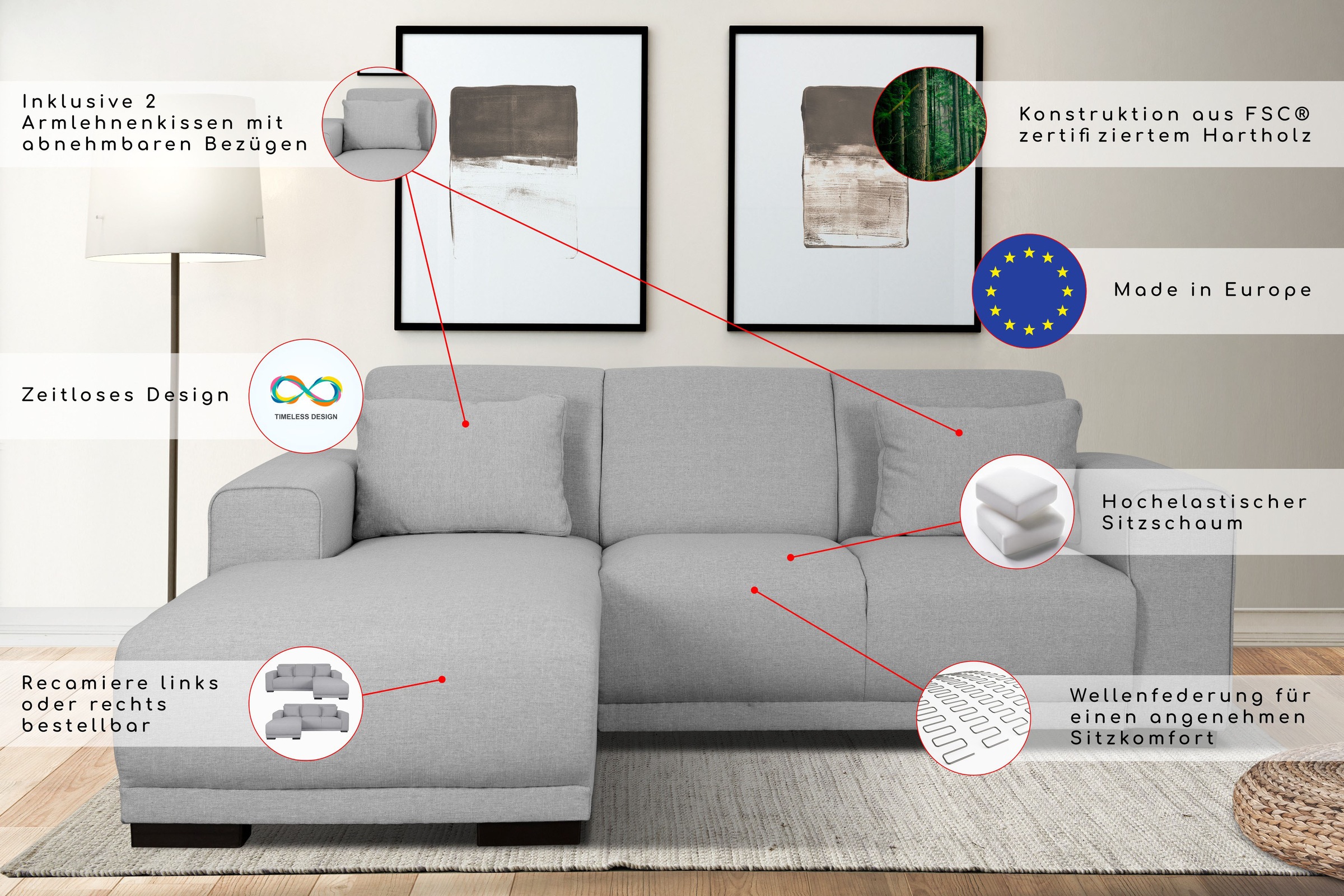 Home affaire Ecksofa »BORNHOLM L-Form mit Recamiere, Maße B/T/H: 234/162/85 cm«, Recamiere links oder rechts bestellbar, Wellenfederung, inkl. 2 Kissen