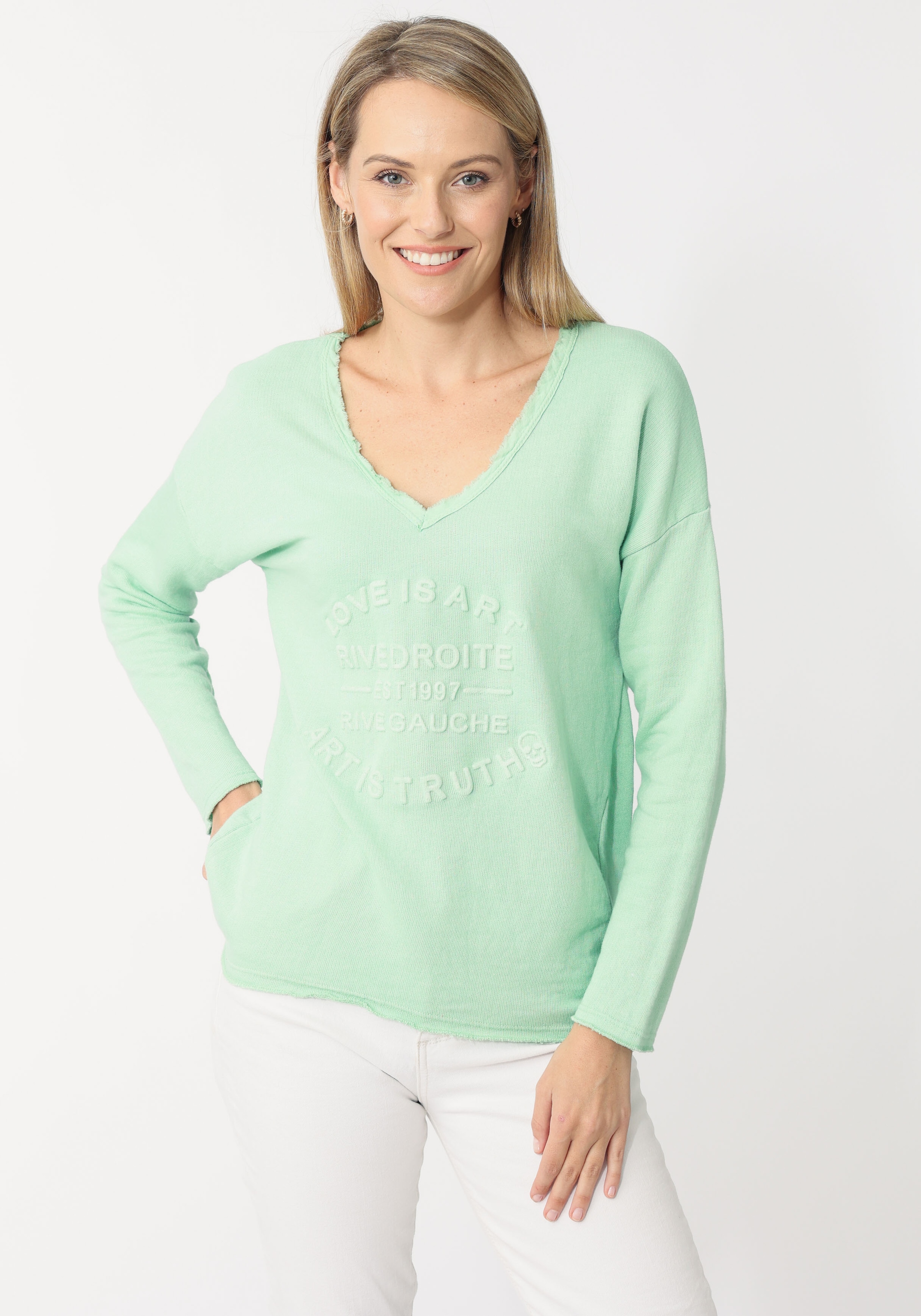 Zwillingsherz Sweatshirt, ausgefranster V-Ausschnitt, Vintage Look, Langarm günstig online kaufen