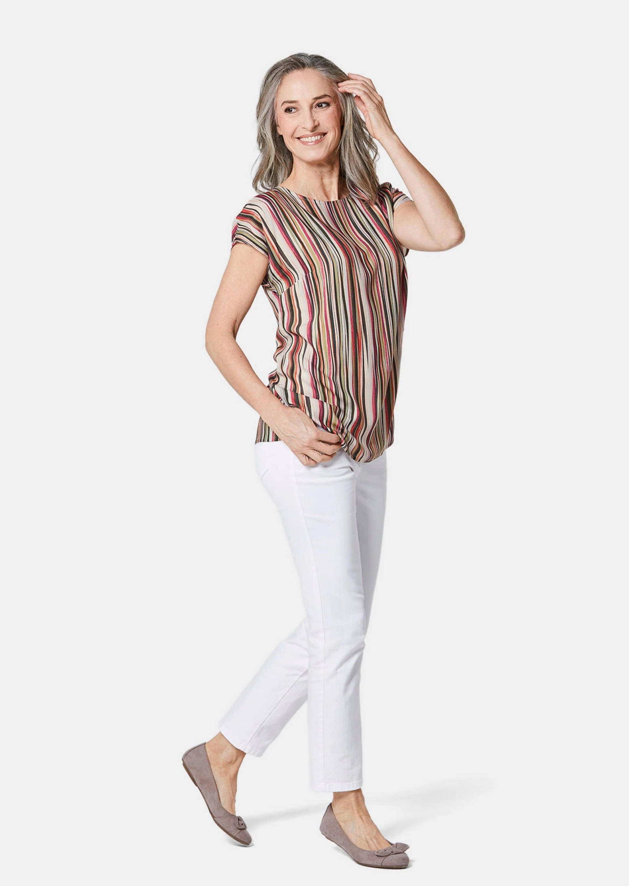 GOLDNER Druckbluse »Streifenbluse mit Halbarm, überschnittene Schulter«