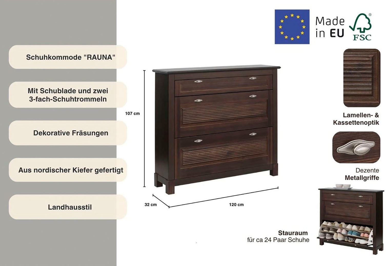 Thumbnail - Home affaire Schuhkommode "Rauna Schuhkipper, Schuhschrank" Breite 120 cm, Kiefer massiv, FSC, 3-Fachschuhtrommel, ca. 2...