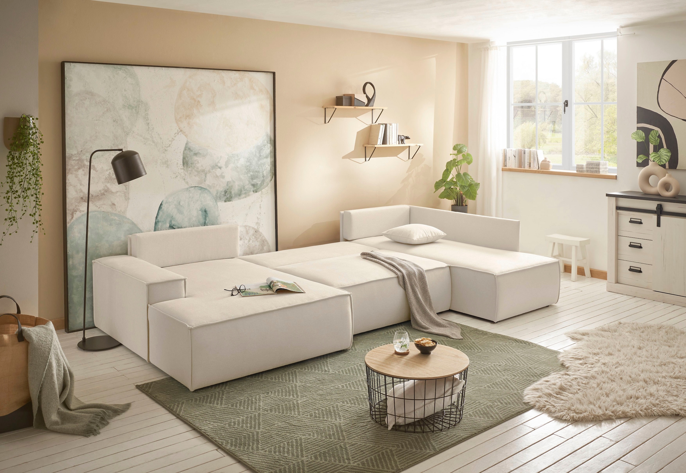 andas Wohnlandschaft »FINNLEY U-Form XXL 329 cm, Schlafsofa, Schlaffunktion m. Bettkasten«, (194/139 cm), Bouclé u. Struktur