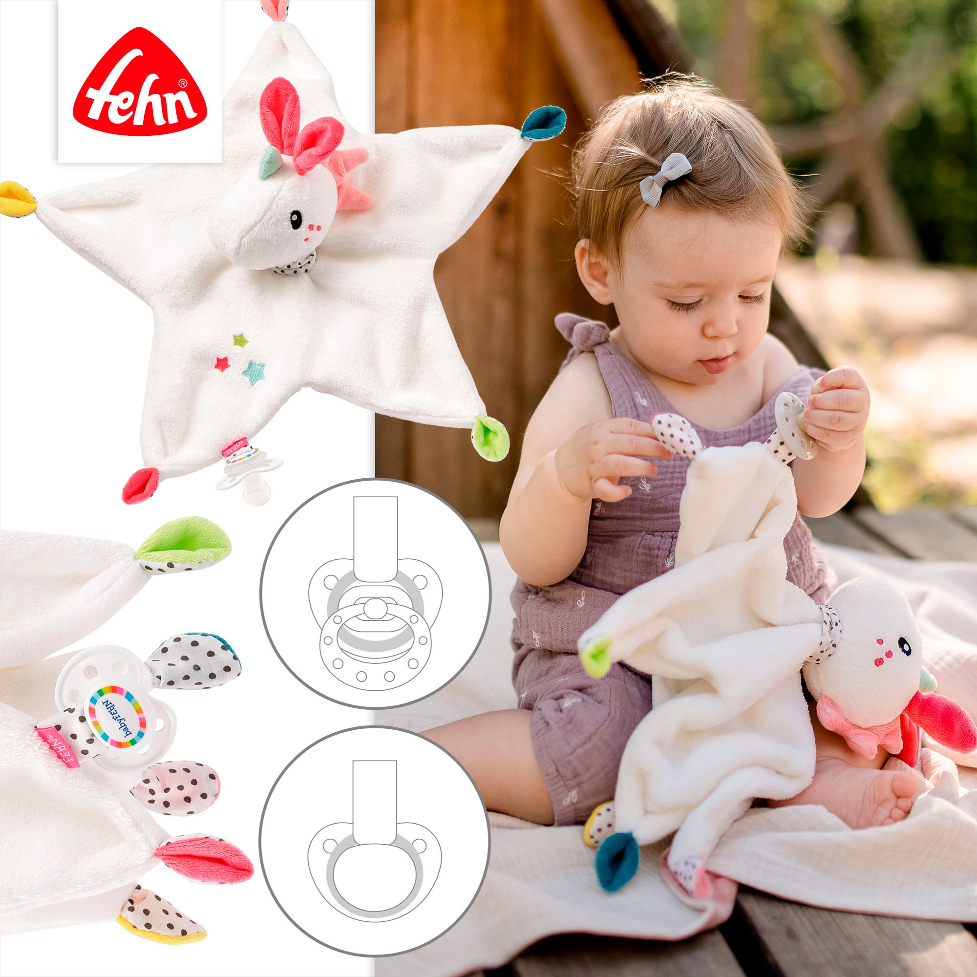 Schmusetuch FEHN "Aiko & Yuki, Einhorn", Baby, rosa (weiß, rosa), Plüsch, Softvelour, Schnuffeltücher, mit Befestigungsring für Schnuller 3