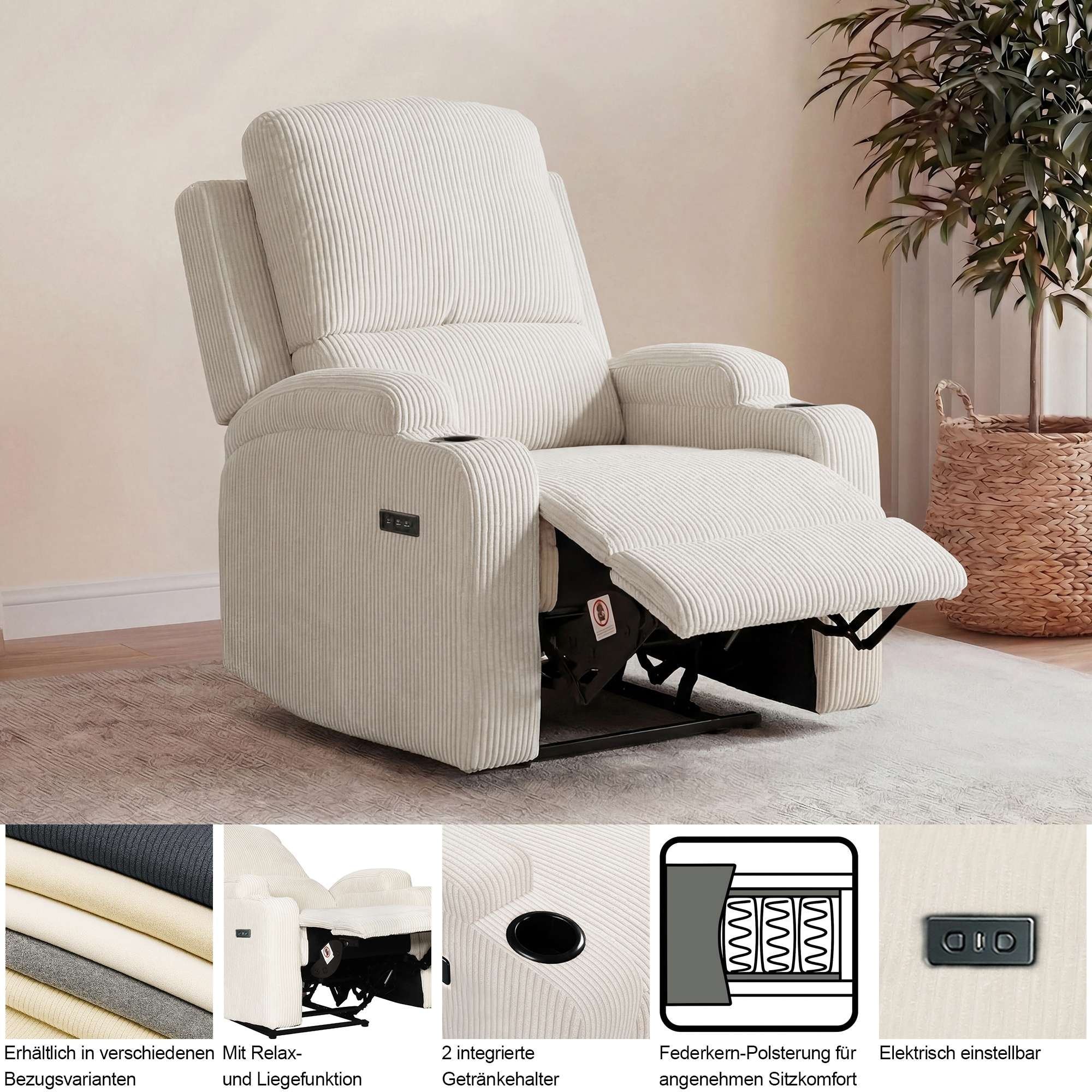 OTTO home Relaxsessel »NAPORI Lederoptik, Kinosessel, Multimedia-Sessel« TV-Sessel mit manueller u elektrischer Relaxfunktion u. Getränkehalter