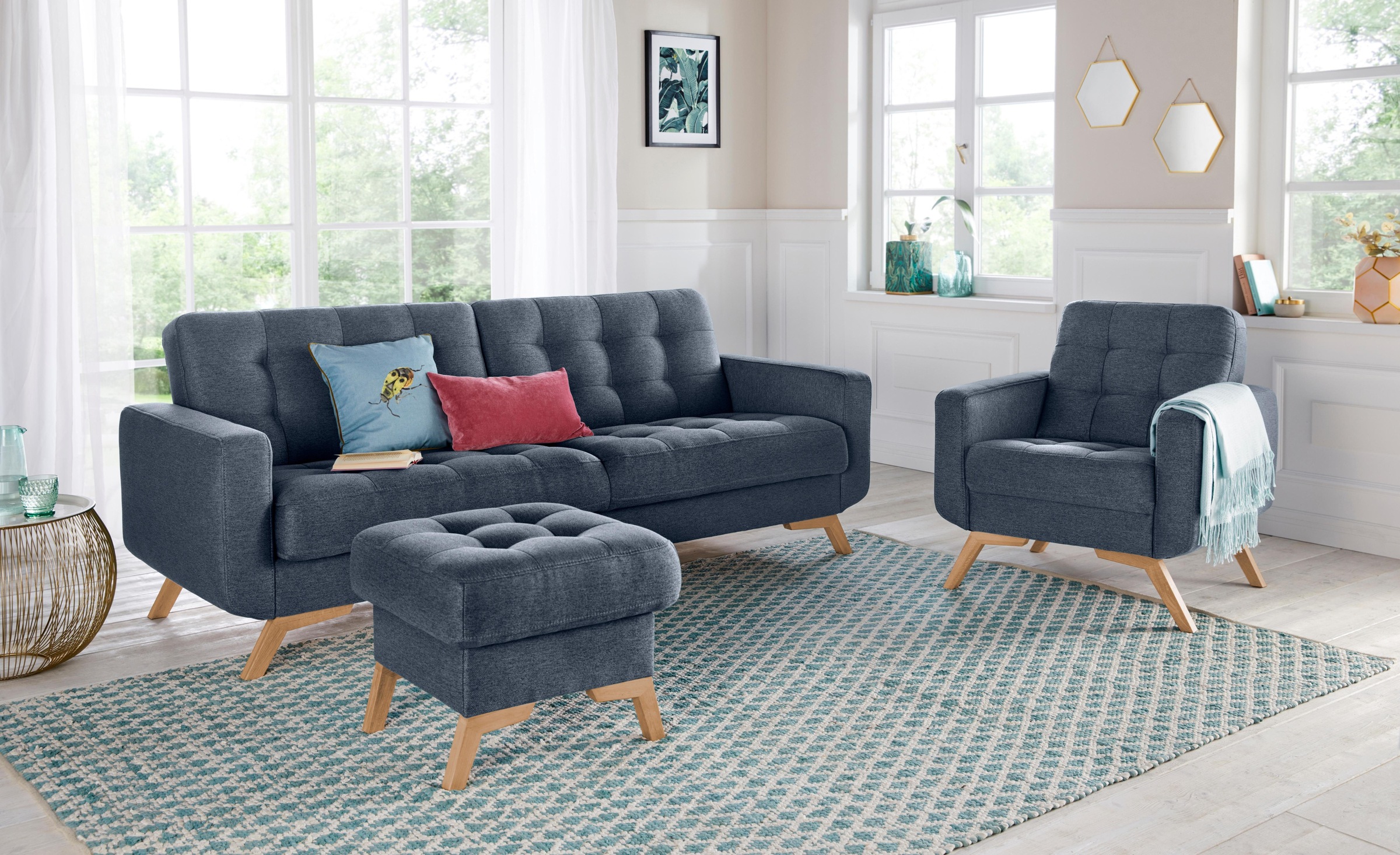 exxpo - sofa fashion 3-Sitzer »Fiord, aktuelles Design, tolle Detailverarbeitung im Sitz und Rücken«, bequem, wahlweise Kippcouch mit Bettfunktion und Bettkasten, Holzfuß