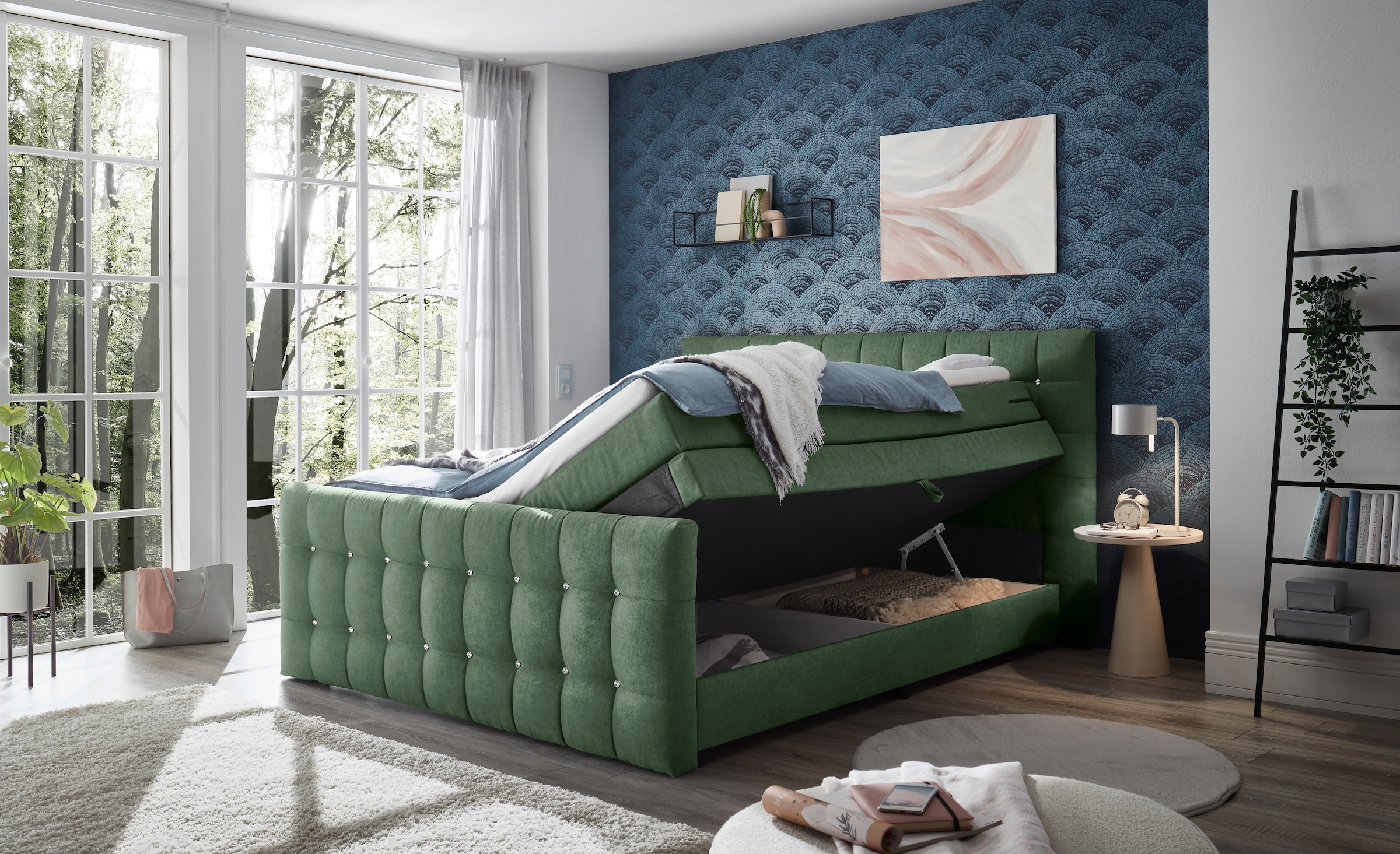 ED EXCITING DESIGN Boxspringbett »Loberie«, mit Strasssteinen im Kopf- und Fußteil, inkl. Bettkasten