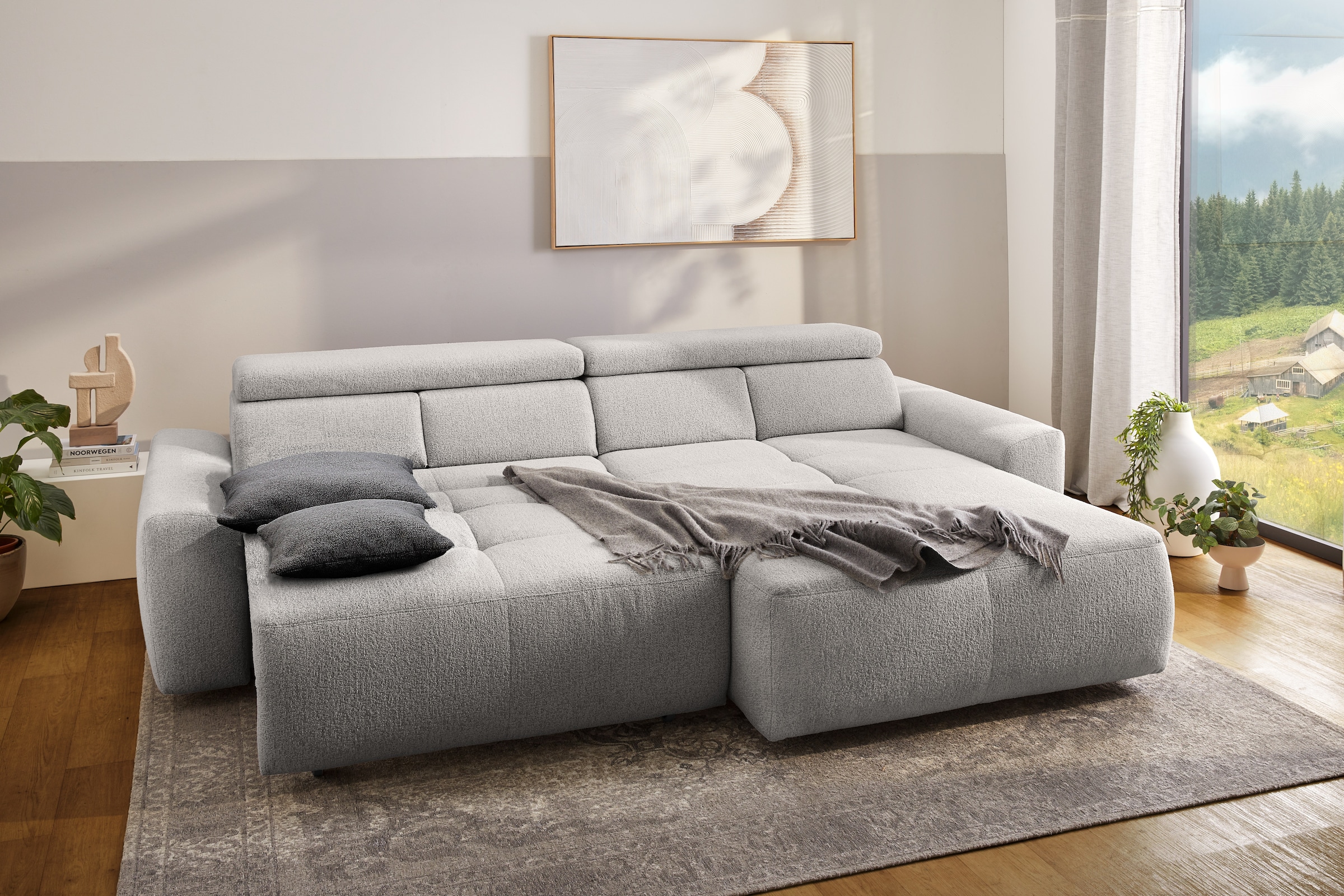 Jockenhöfer Gruppe Ecksofa »Unos L-Form, B: 299 cm, mit 60 cm elektr. Sitztiefenverstellung« 140kg Belastbarkeit, USB-Anschluss, Kopfteilverstellung & Zierkissen