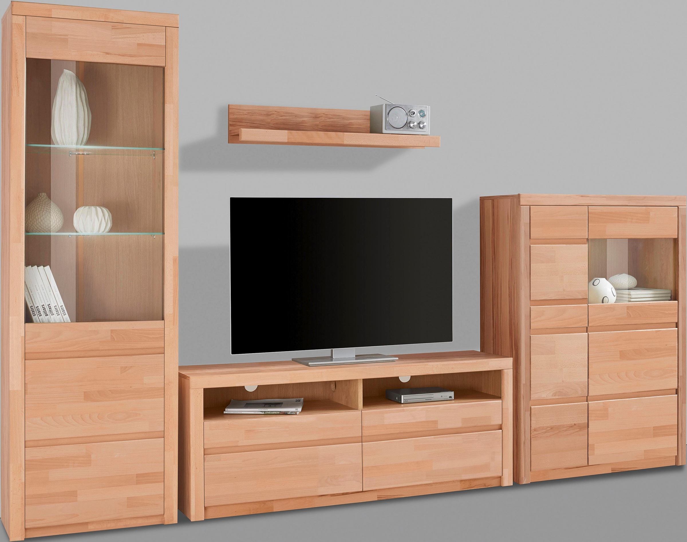 OTTO home Wohnwand "Silkeborg: 4-teilig, Breite: 290cm, Griffmulden, Fronten Massivholz" Set, Set besteht aus 1 Vitrine, 1 Lowboard, 1 Wandregal und 1 Highboard, 4 Stk. tlg.