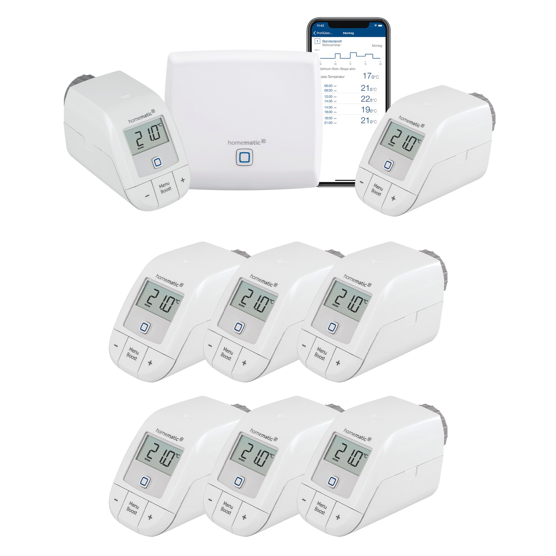 HOMEMATIC IP Heizkörperthermostat "Bundle Starter Set Heizen + 6x Heizkörperthermostat basic", 8, weiß, Heizkörperthermostate