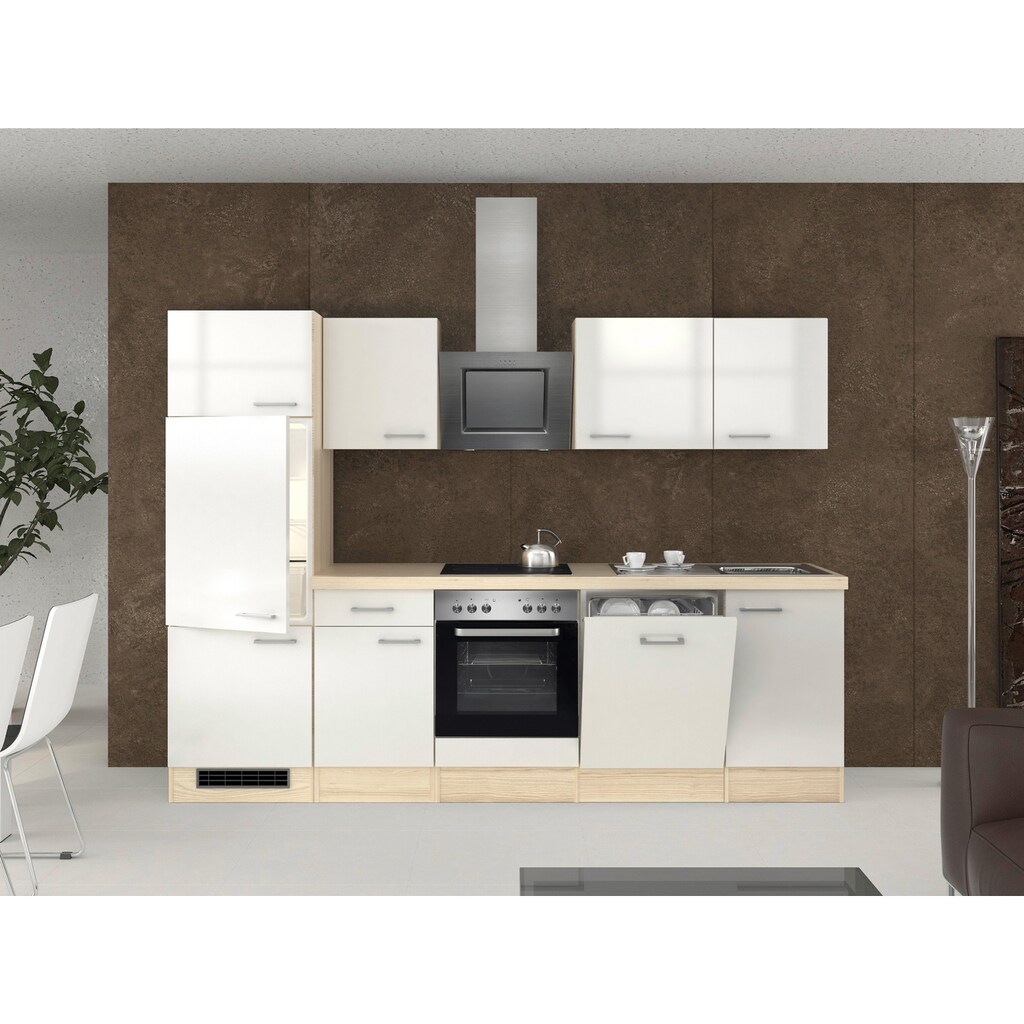 Wohnen Küchenmöbel Flex-Well Küchenzeile »Oregon«, mit E-Geräten, Gesamtbreite 280 cm Perlmutt glänzend / Akazie