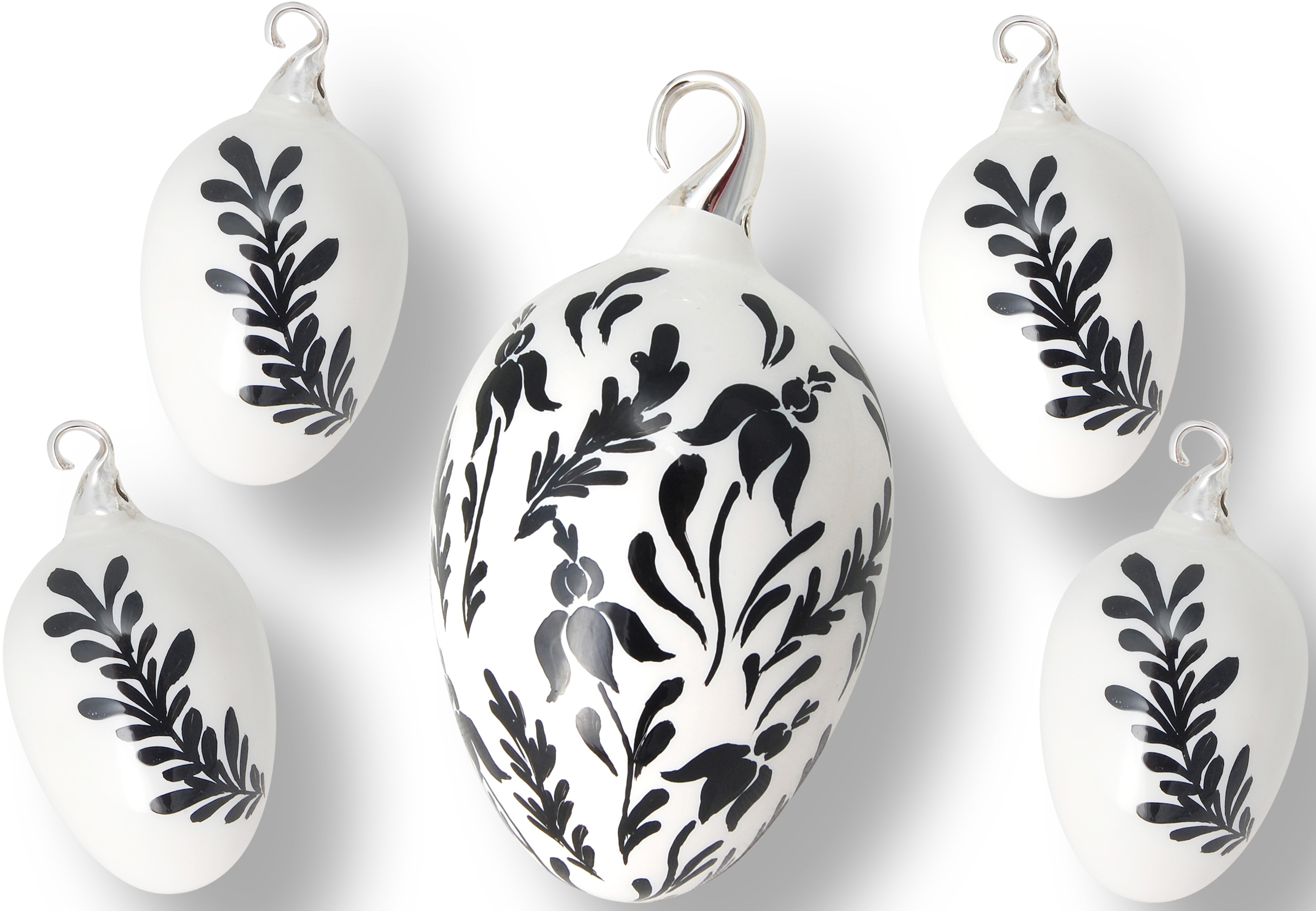 Krebs Glas Lauscha Osterei "Floral, elegantes Design schwarz-weiß, Osterdekoration, Frühling" Mundgeblasenes und handbemaltes Glas, Made in Germany