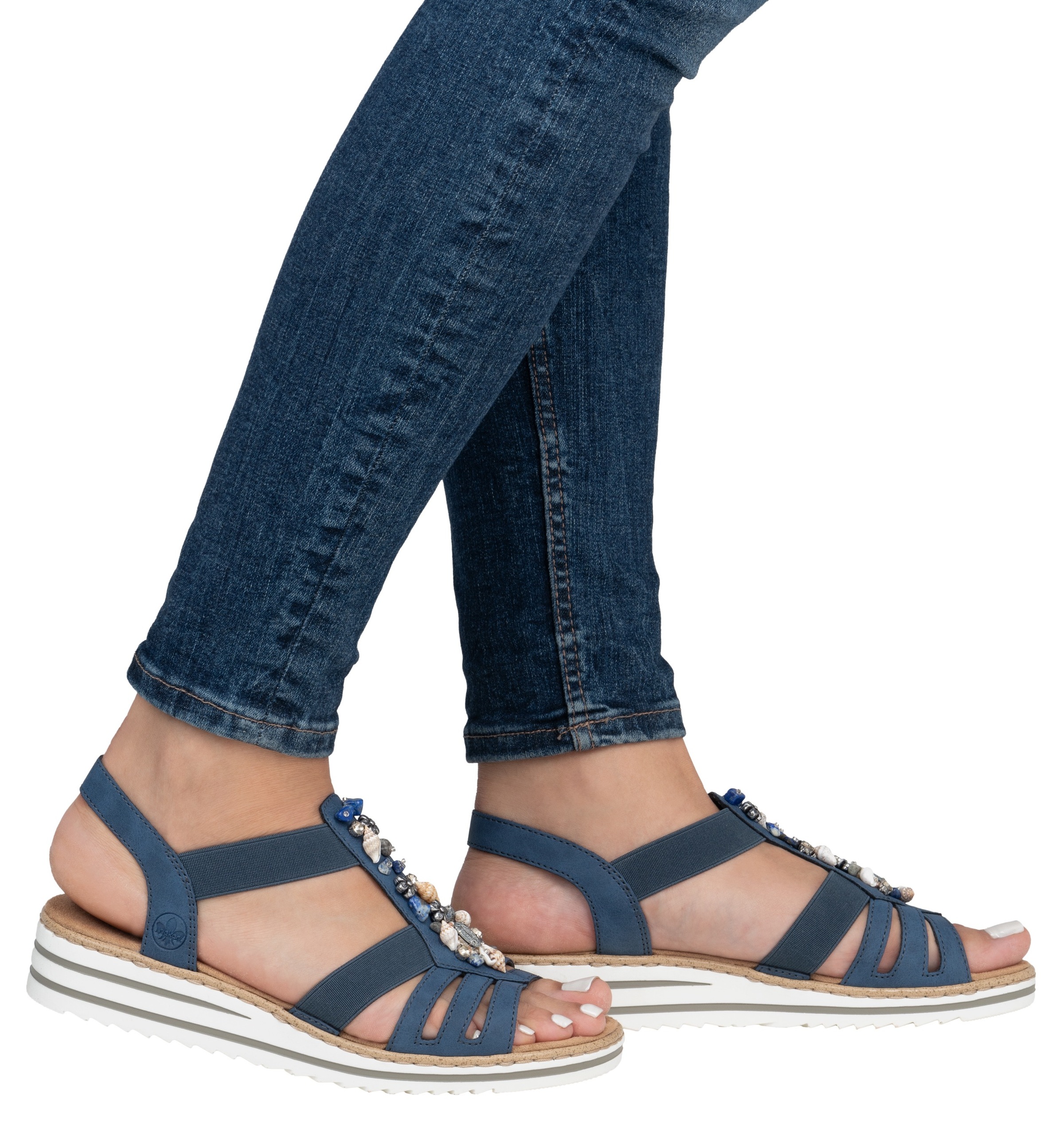 Riemchensandale RIEKER, Damen, Gr. 41, blau (jeansblau), Lederimitat, Schuhe Riemchensandale, Sommerschuh, Sandalette, Keilabsatz, mit sommerlicher Verzierung, Topseller 3
