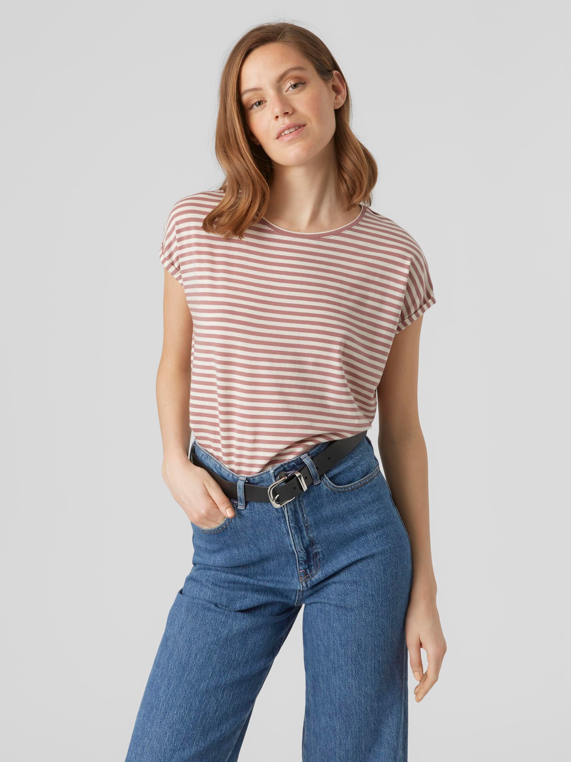 Vero Moda Rundhalsshirt "VMAVA PLAIN SS TOP STRIPE GA JRS NOOS"