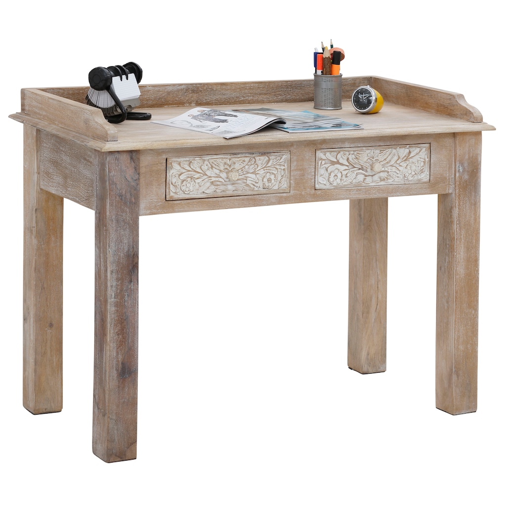 Home affaire Schreibtisch »Lavin«, Mangoholz, mit dekorativen Schnitzereien, Handgefertigt, Breite 111 cm